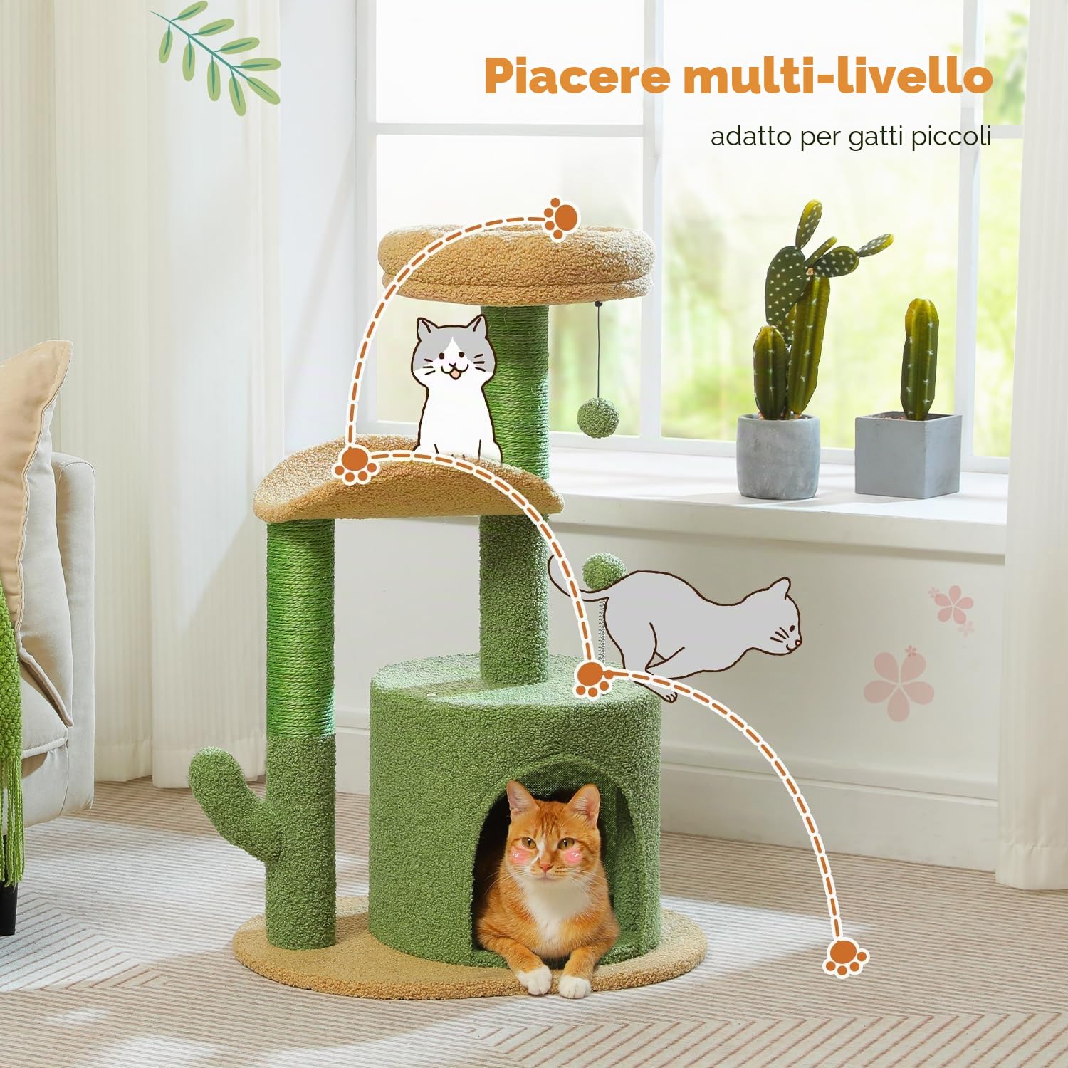 PETEPELA Tiragraffi da 78 cm, moderno cactus, per gatti di piccole dimensioni, dimensioni medie, con grotta di peluche, sfera in sisal