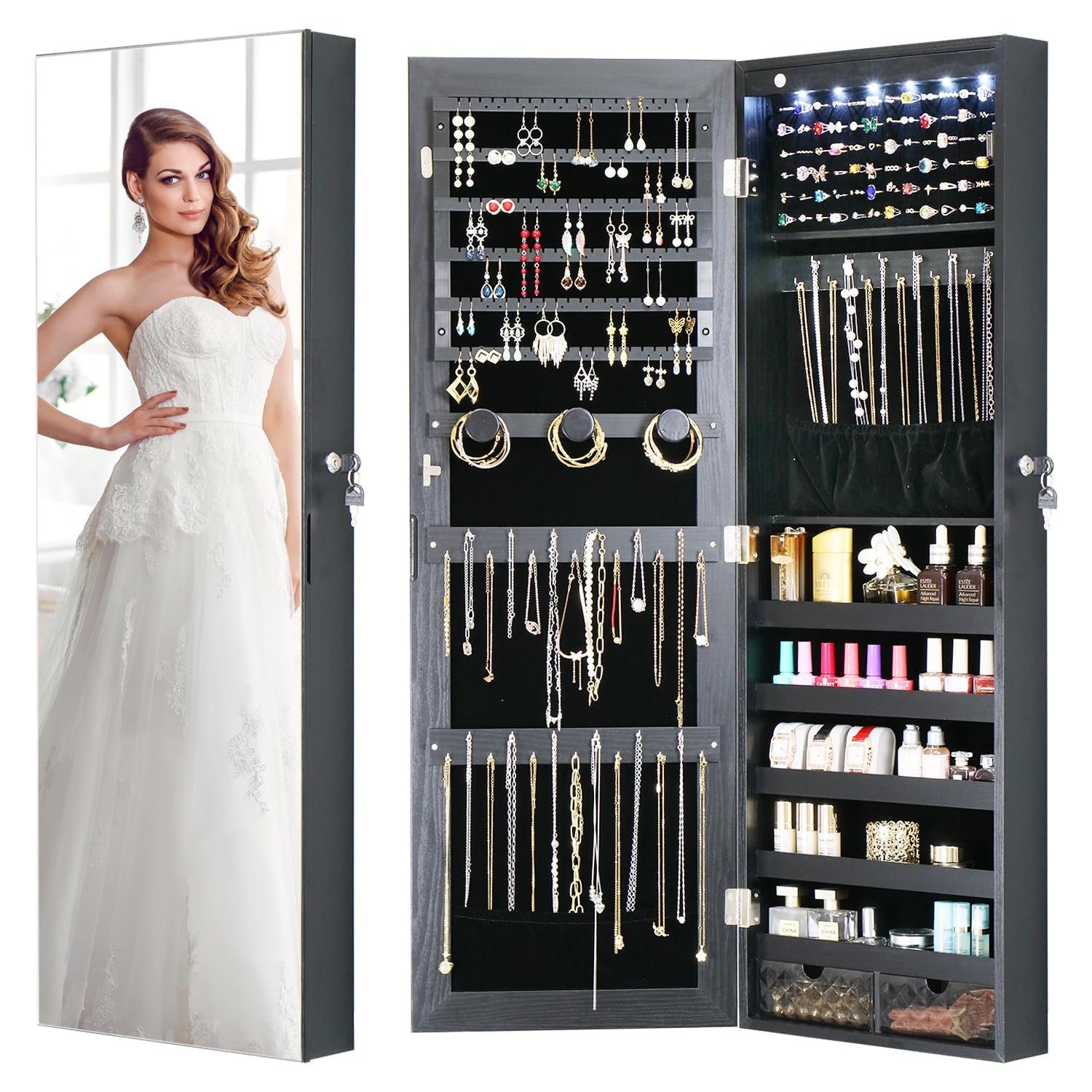 MASMIRE LED Jewelry Cabinet Armoire Organizer,Wall/Door Mount Jewelry Organizer and Storage with Full-Length Mirror Hanging Jewelry Organizer Full