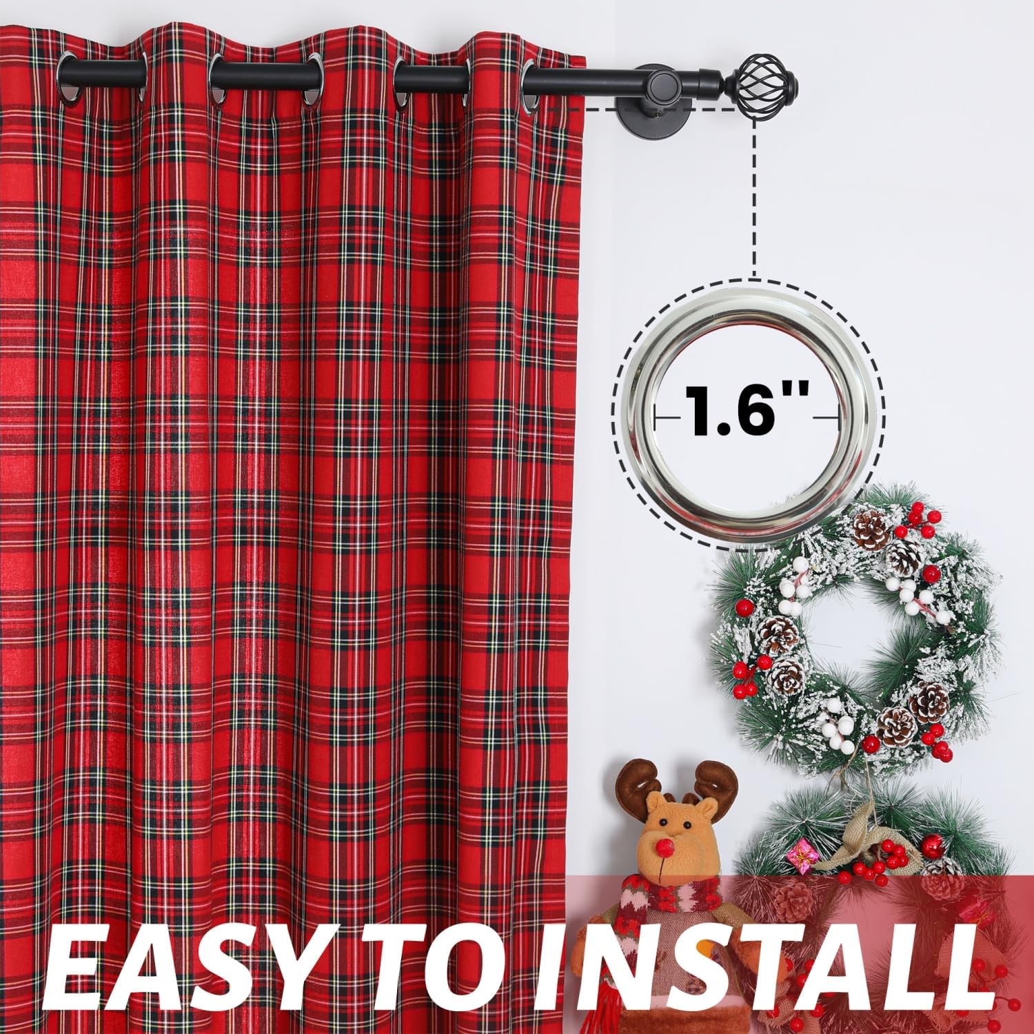 1 Pair Plaid Curtains Farmhouse Retro Window Treatments for Living Room Balcony Bedroom Grommets Top, Red 52" W x 72" L