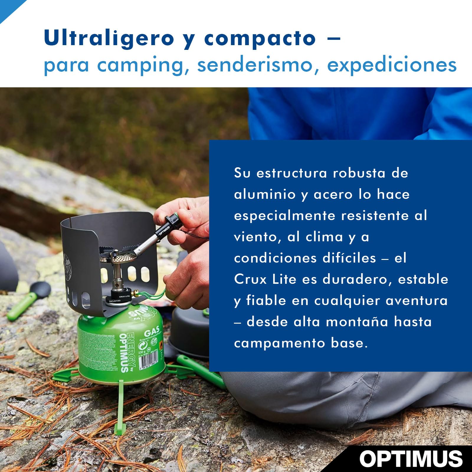 Hornillo de Gas Optimus Crux Lite con Encendido piezoeléctrico para Exterior y Camping – Ultraligero 72 g | Potencia 3000 W | Incluye Encendedor y Bolsa de Transporte