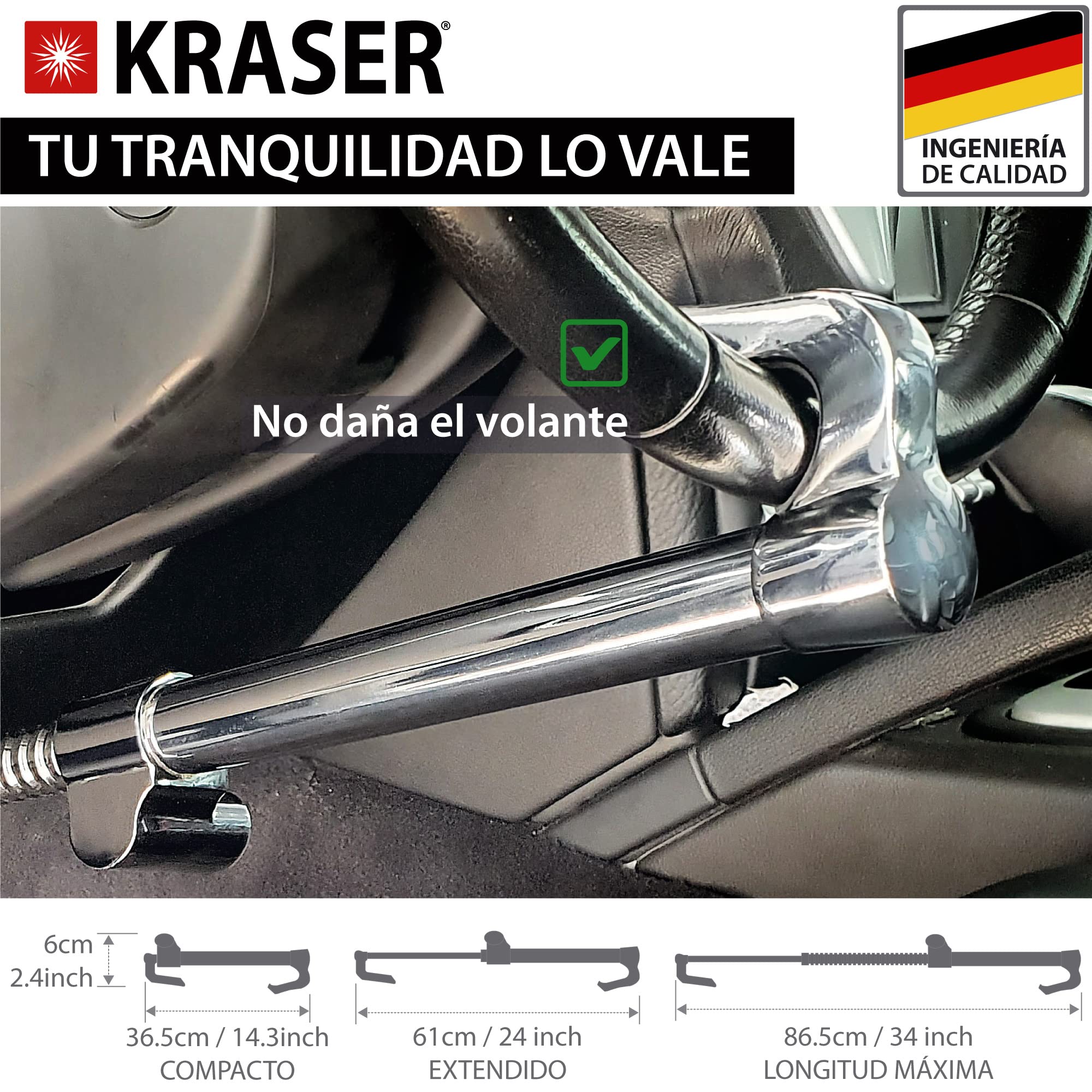 KRASER KR837 Barra Antirrobo Coche Bloqueo Volante Coches Camiones Furgonetas SUVs Pedal Cerradura Seguridad Doble Gancho Inmobilizador Telescópico Universal Extensible Parking Camper