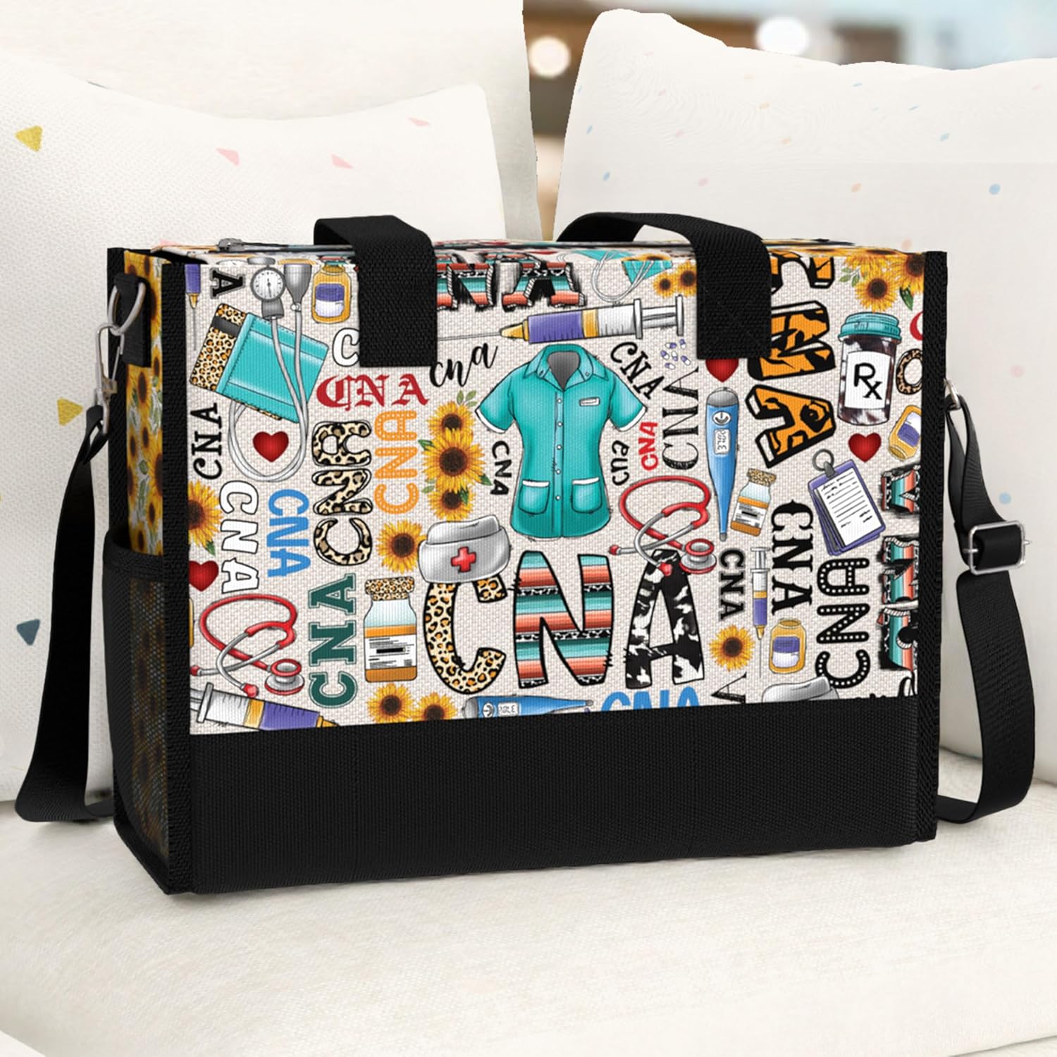 84hoods Large Waterproof Tote Bag with Pockets and Zipper for Travel, Work, Grocery. Gift for CNA.
