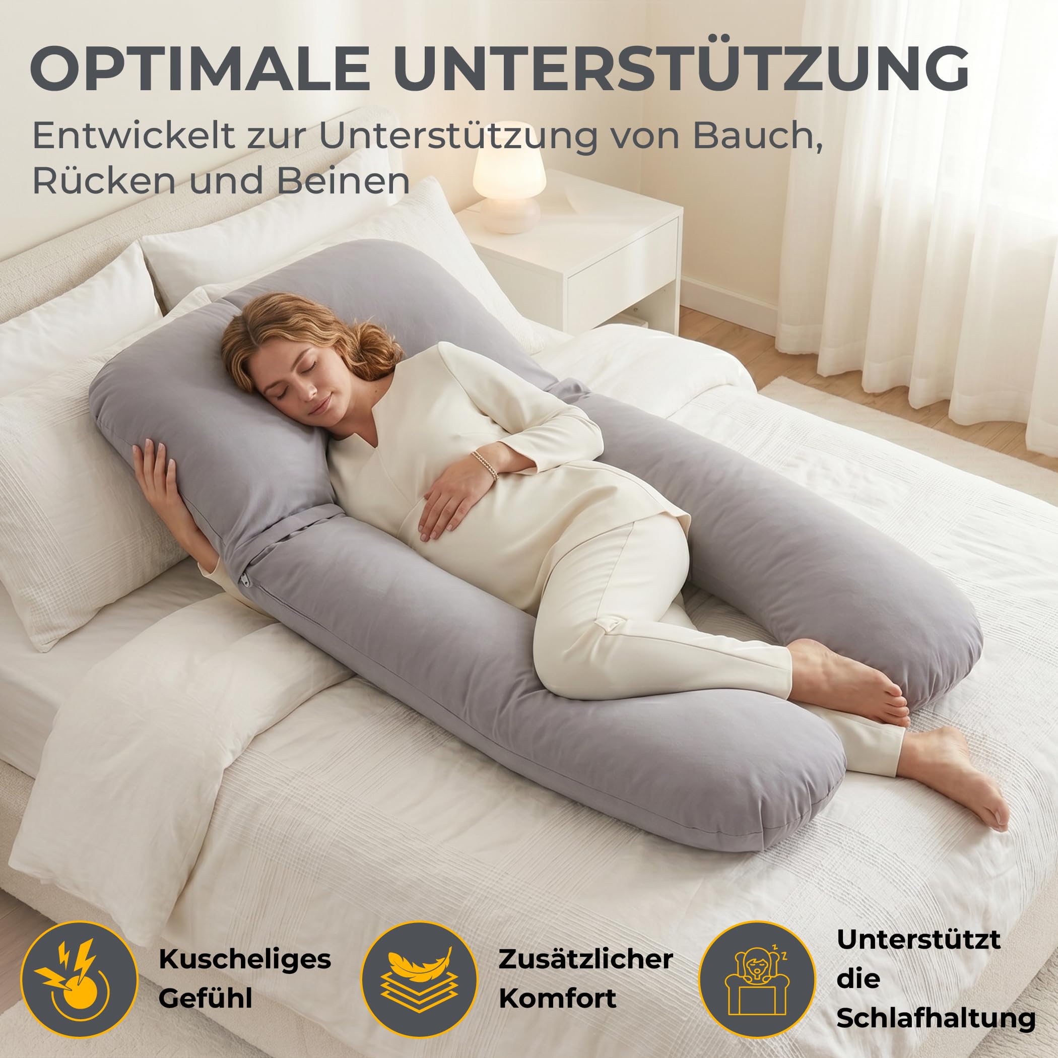 SLEEP COMFY Cuscino per gravidanza a forma di U, XXL, 300 cm, cuscino per allattamento e per dormire sul fianco, cuscino per il corpo con rivestimento in 100% cotone, imbottitura in poliestere
