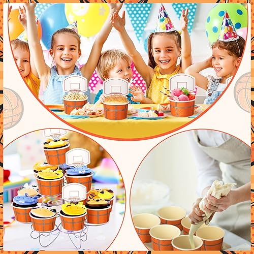Miniatura 6 de Sunnyray 48 juegos de tazas de baloncesto con tarjetas, suministros de fiesta de baloncesto, tazas de baloncesto desechables de 8 onzas, cuencos de