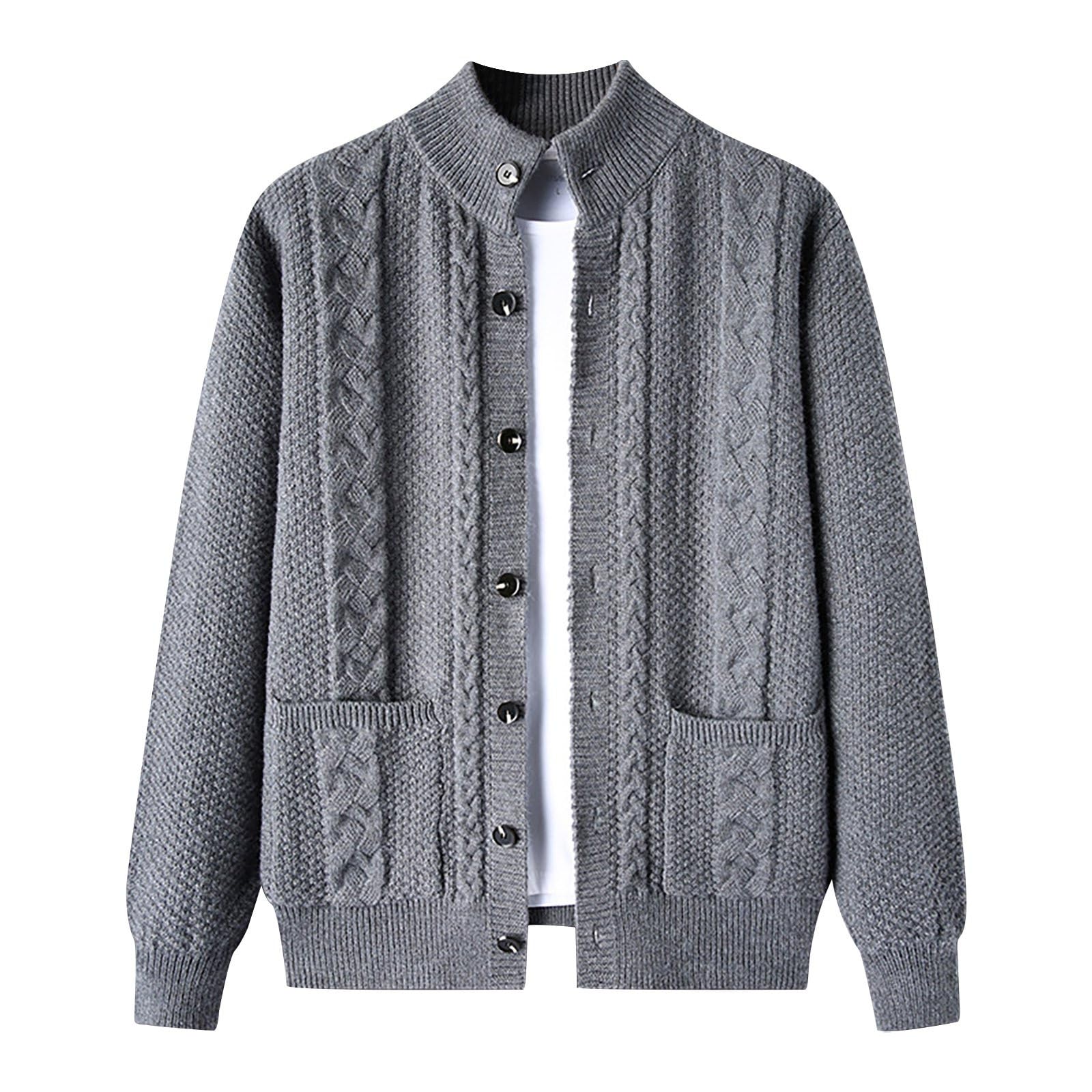 Generisch Strickjacke Herren mit Knopfverschluss Zopfmuster Trachten Strickjacke mit Gerippter Stehkragen Strick Cardigan Sweatjacke Herbstjacke Elegante Trachtenjacke Oktoberfest Jacke Herren