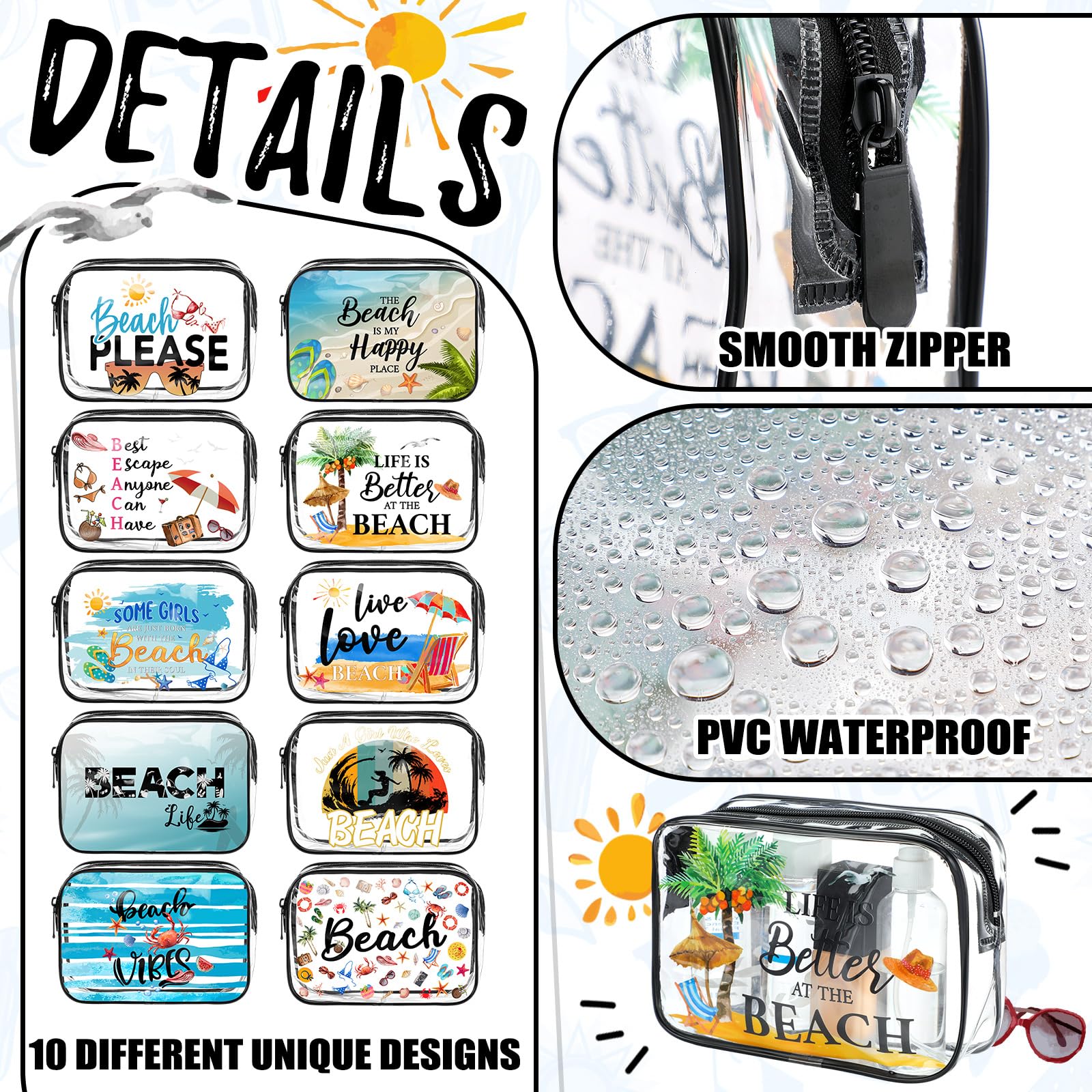 Kacctyen 10 Pcs Beach Clear Makeup Bags Gift for Women Clear Toiletry Bag Beach Cosmetic Bags Waterproof Travel Multifunction Pouch for Friend Sister Nurse Vacation Organization