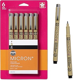 Pigma Micron Fineliner Pens, 12 Tip Size, Archival Black Ink, 6 PK 50132
