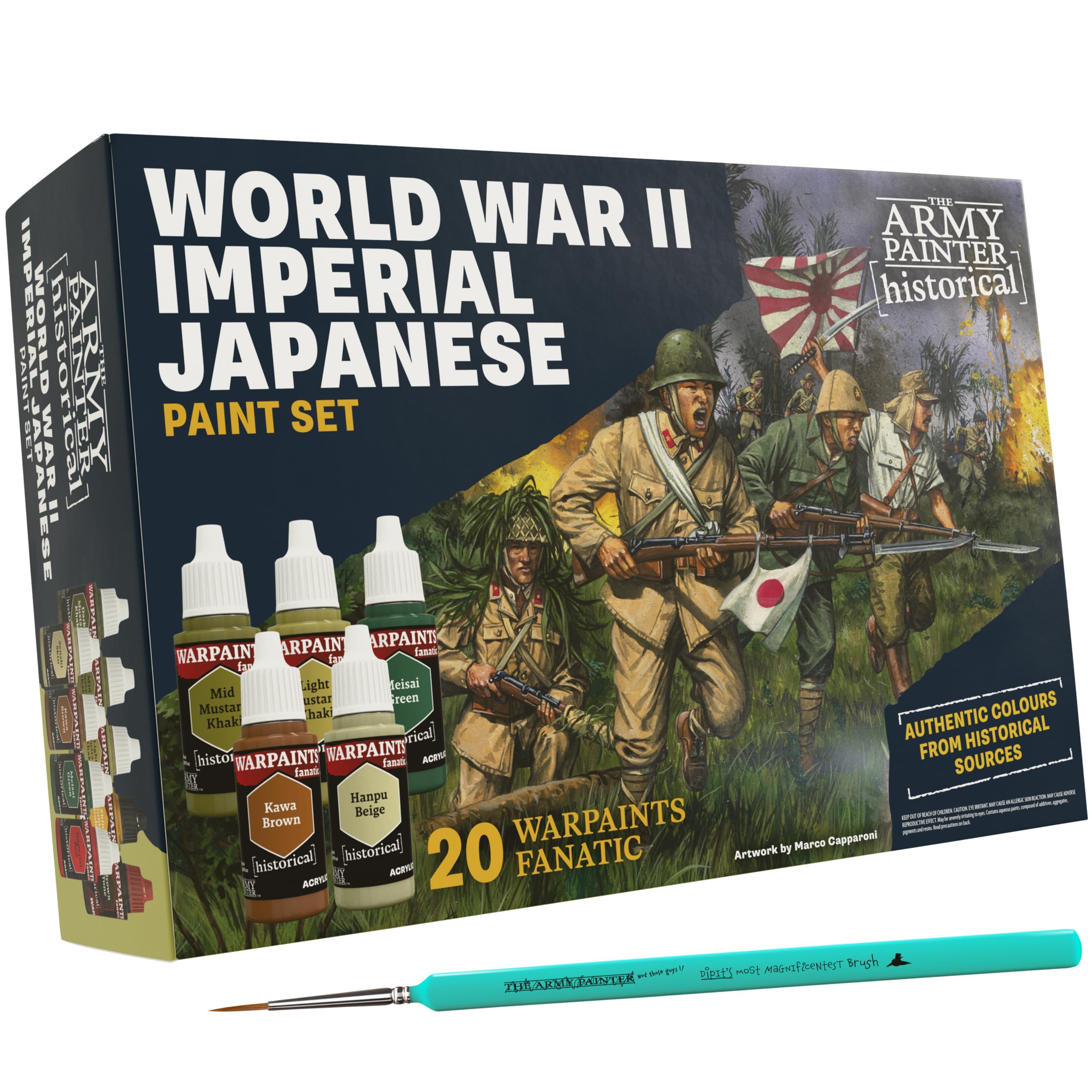 The Army Painter, Historical: WWII Imperial Japanese Combo, 20x18ml Farbe | Farbset inkl. 15 Acrylfarben der Serie Warpaints Fanatic, 2 Metallicfarben, 3 Washes und 1 Pinsel für Miniaturmodellmalerei