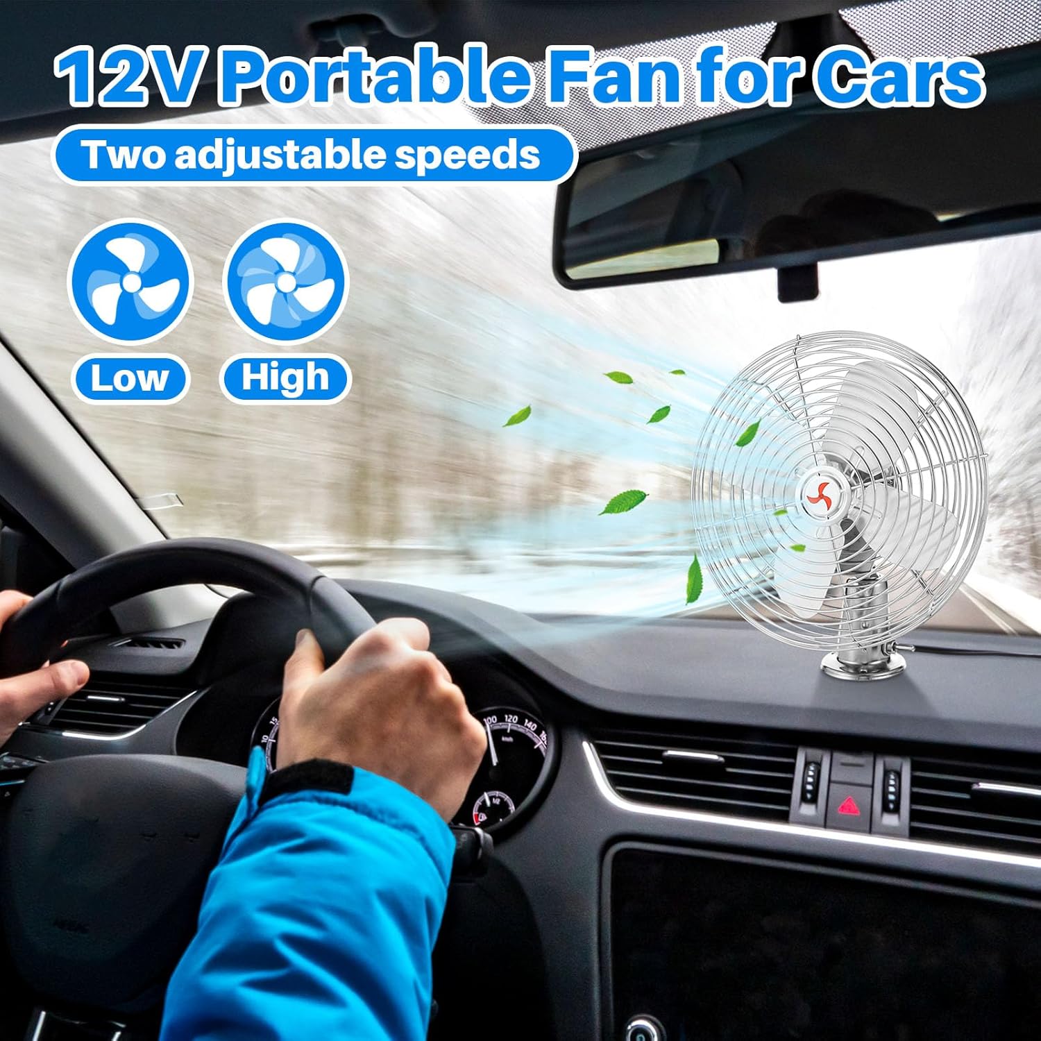 Tujoe 2 Set Portable 12v Fans for Vehicles with 2-speed Switch and Clip, Cigarette Lighter Cooling, 180° Manual Swivel Car Metal Rv Cooling Fan for Auto Truck Rv Boat Camper(Silver,8 Inch)