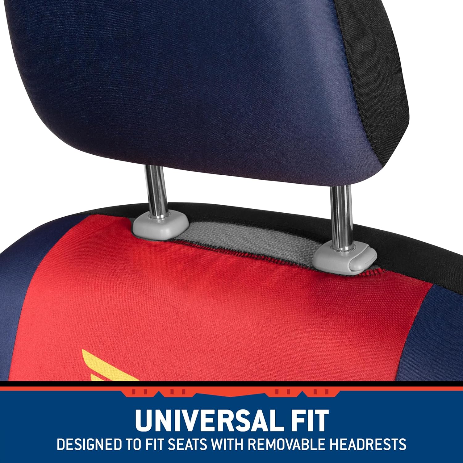 BDK Warner Bros DC Comics Wonder Woman Car Accessories Seat Covers - Front Pair Includes Removable Head Cover, Matching Seat Belt Pads, Side Airbag Compatible, Universal Fit, Waterproof