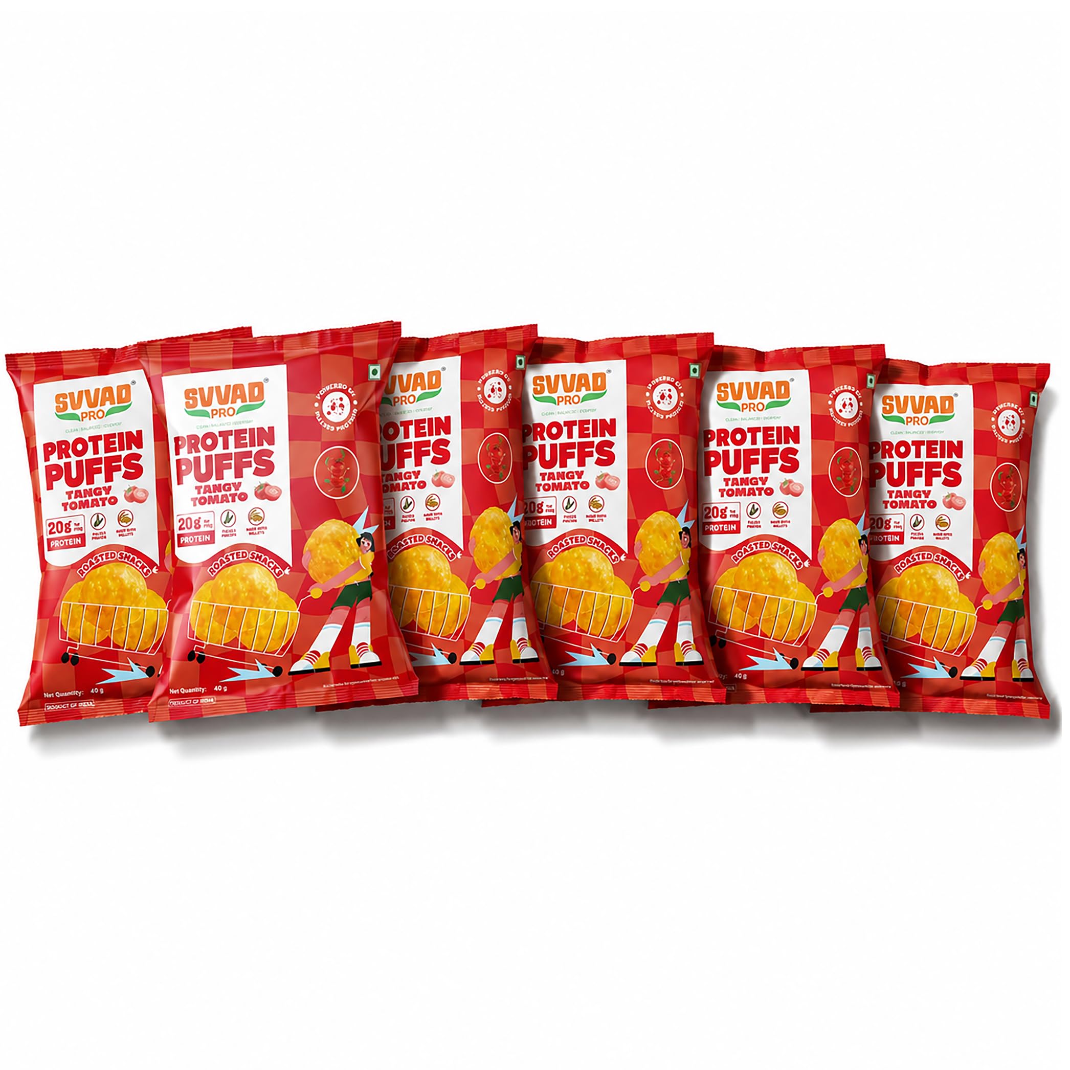 SVVAD PRO Protein Puffs, Tangy Tomato, 20g Protein per 100g, Roasted Snacks, Made with Millets, 40g, Pack of 6-image-0
