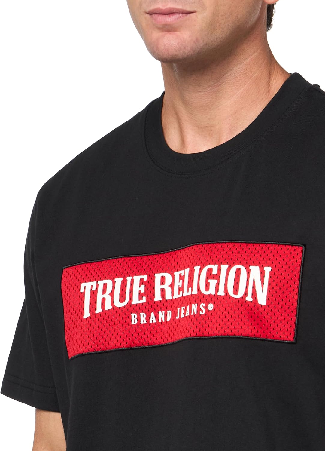 True Religion Men's Short Sleeve Mesh Box Logo Tee - Casual Crew Neck T-Shirt