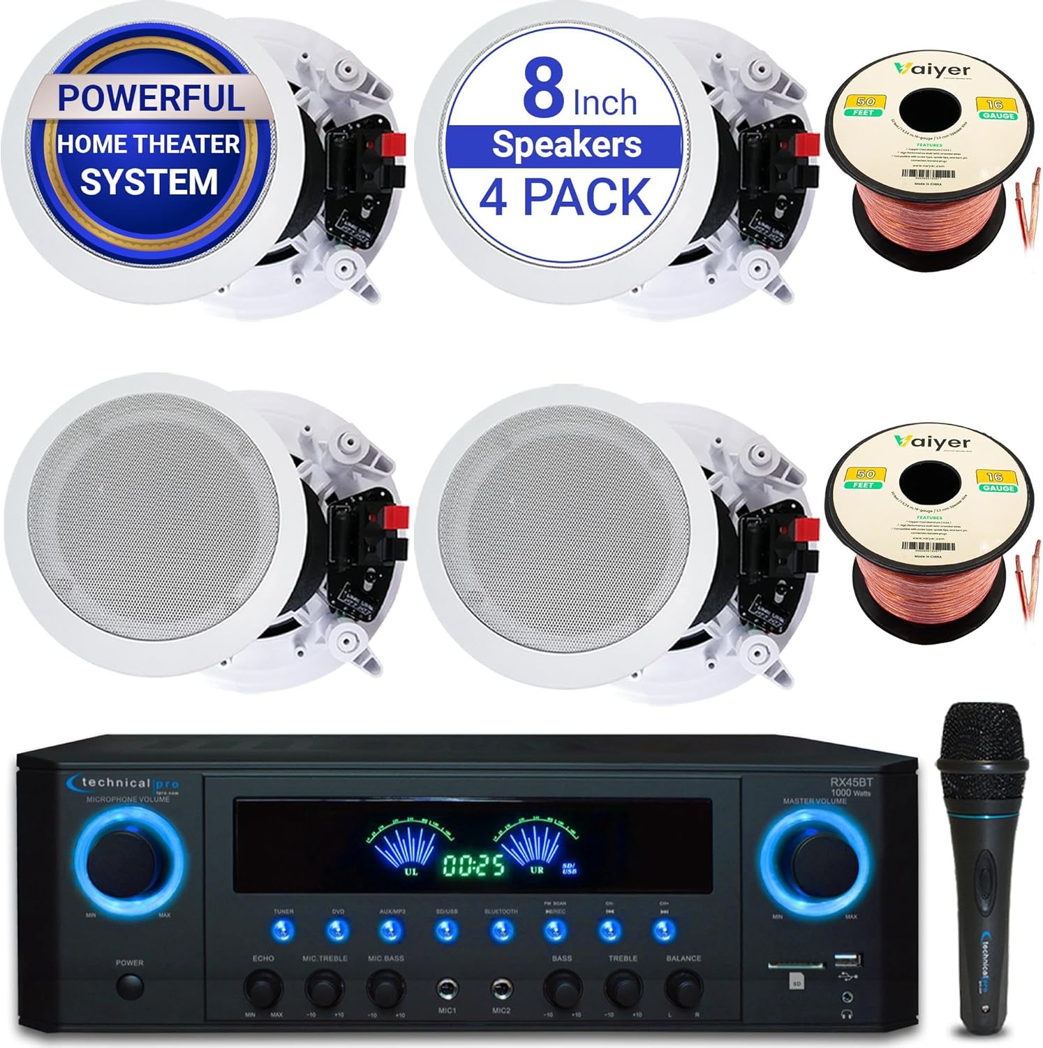 Sound System Kit - 1000 W Bluetooth Amplifier w/ 4 Qty of 8" Framed Ceiling Speakers 300 W Each, Professional Mic, 100 ft Speaker Wire & Remote Perfect for Home, Office, Bar, Restaurant by Vaiyer