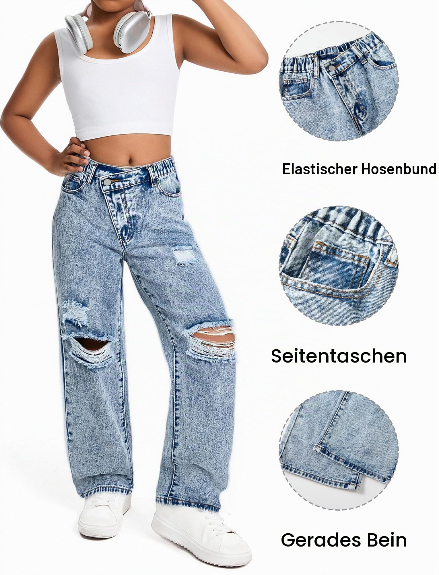 Happy Cherry Mädchen Jean Hosen Loch Denim Blau Hose Kinder Vintage Jeans mit Weitem Bein Casual Loose Straight Jeanshosen 120-160