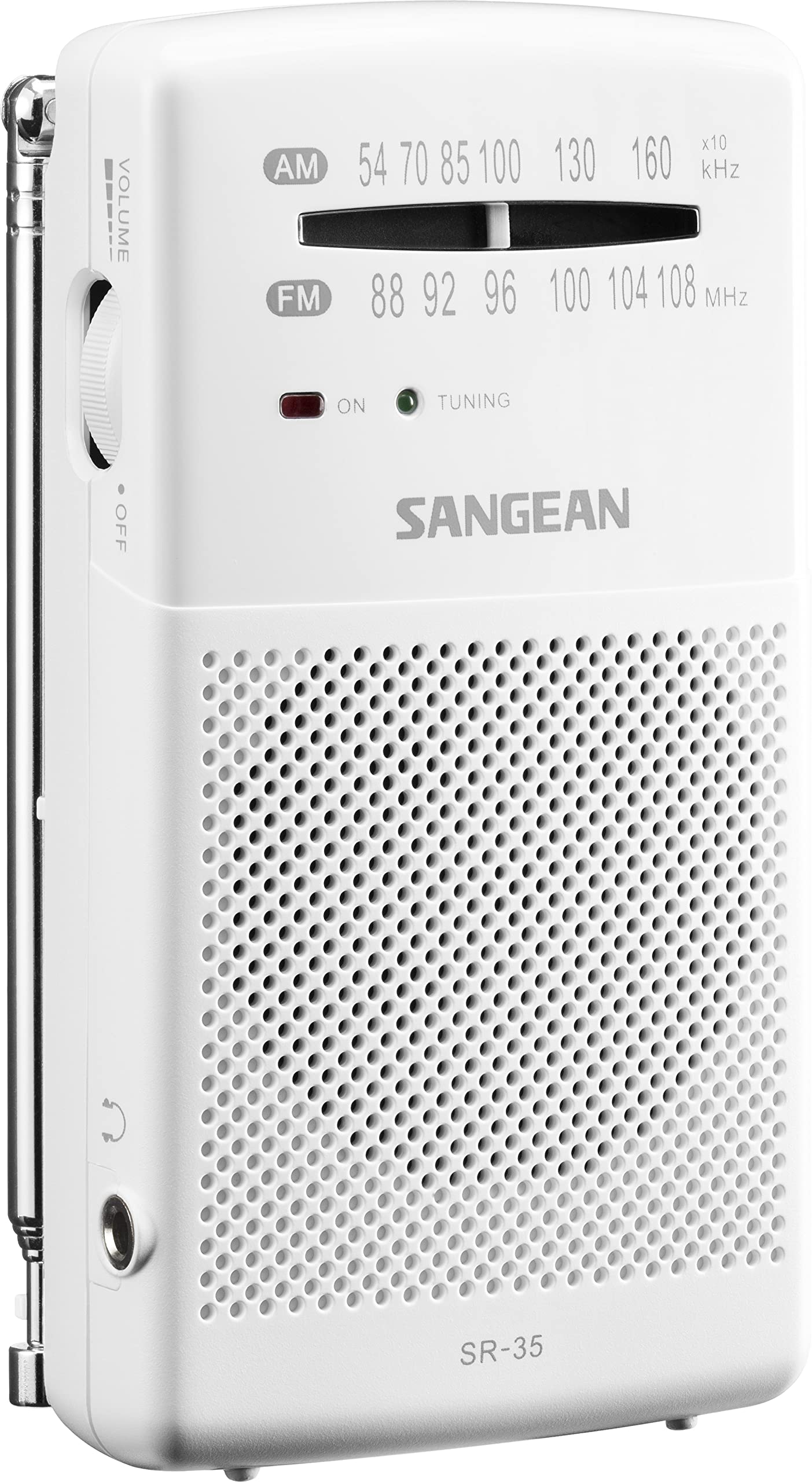 Sangean SR-35 Radio FM/AM De Bolsillo | Altavoz Integrado, Antena Telescópica, Salida Para Auriculares, Excelente Recepción Y Sonido, Correa De Transporte, Color Blanco