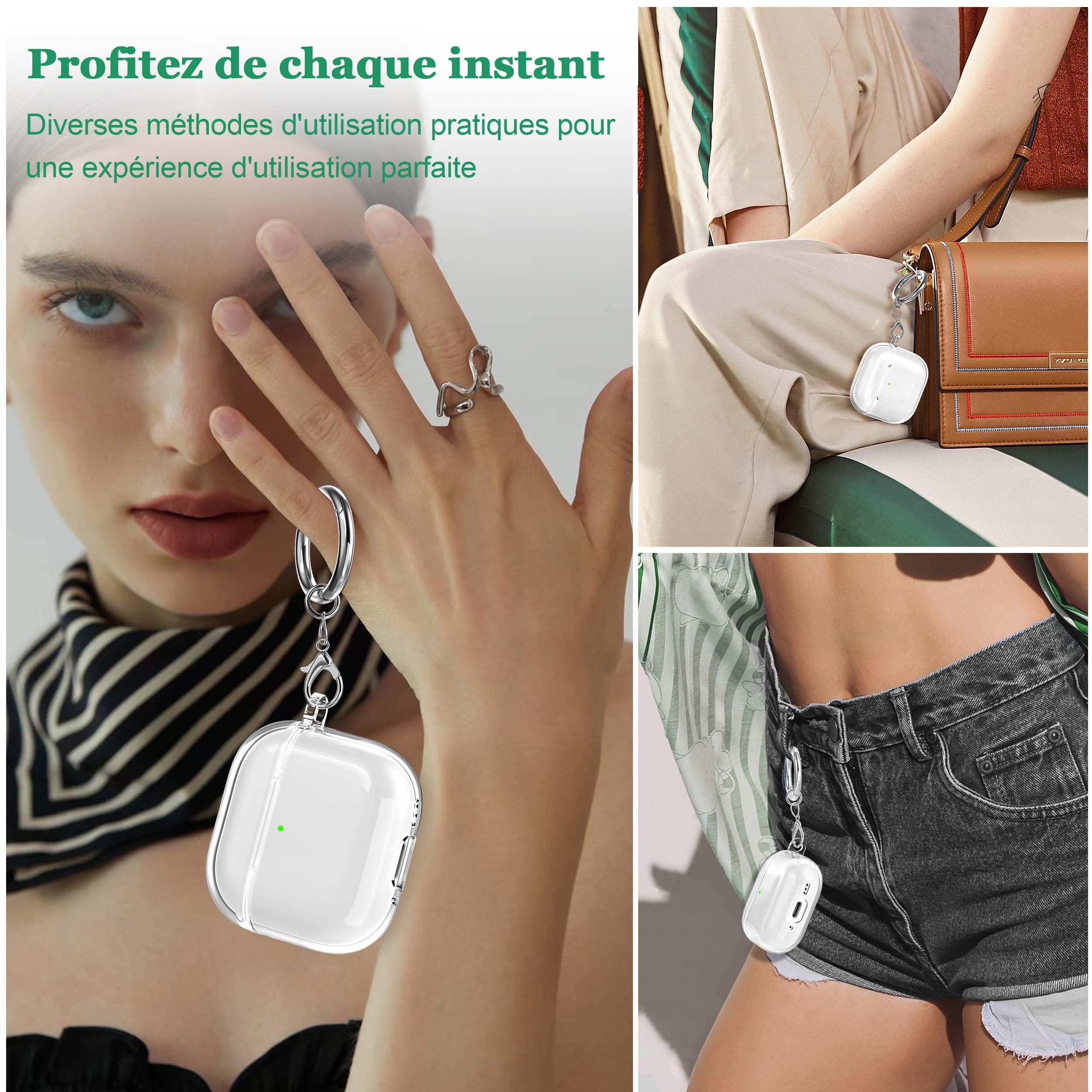 Coque AirPods 4 2024 TPU Transparent Anti-jaunissement avec Kit de Nettoyage Boucle Ronde Blanc