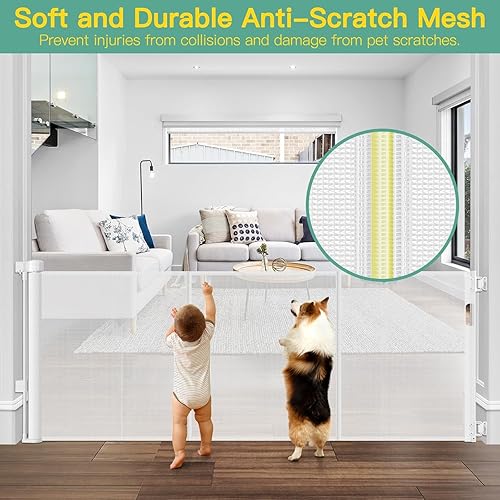 Miniatura 6 de Puerta retráctil reforzada de 60 pulgadas de ancho para bebés con varillas reforzadas, puerta retráctil para perros de 5 pies para interiores y