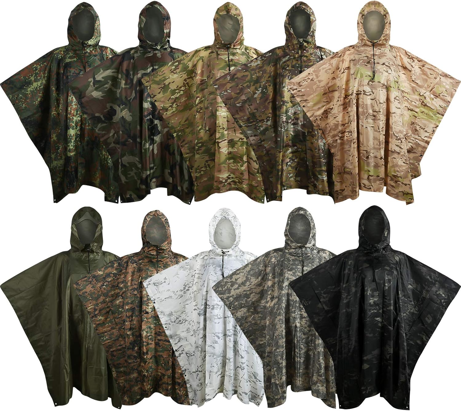 Fousam Camo Poncho, Waterproof Ripstop Hooded Raincoat Lightweight Packable Rain Cover for Hunting Camping Backpacking Emergency Tent Shelter Cp Woodland : Sports & Outdoors