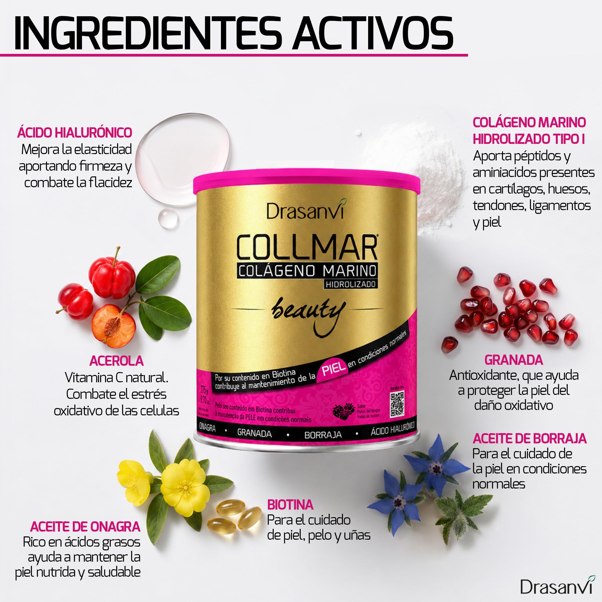 Drasanvi Colageno Marino Hidrolizado Beauty (PACK 2) + Ácido Hialurónico | Colágeno con Biotina + Vitamina C Natural |Elasticidad, Firmeza y Luminosidad de la Piel |2x275g=54 día|Sabor Frutos Bosque