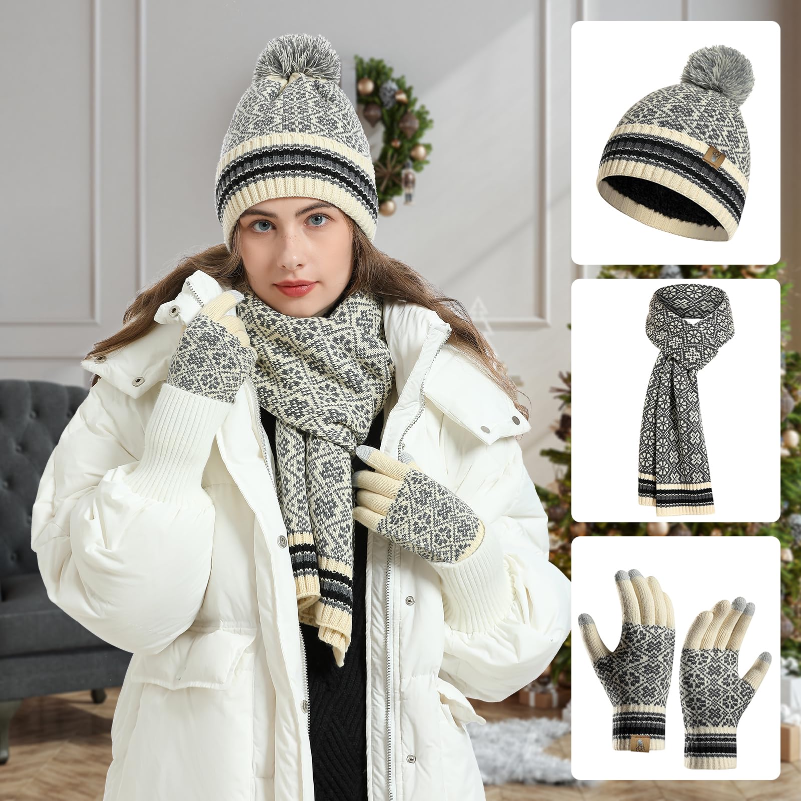 Mütze Schal Handschuh Set Winter Weich Warm Pelzgefütterte Bommelmütze Langer Schal und Touchscreen Handschuhe Set 3-teiliges Retro Schneeflockenmuster Gestrickte Damen Unisex