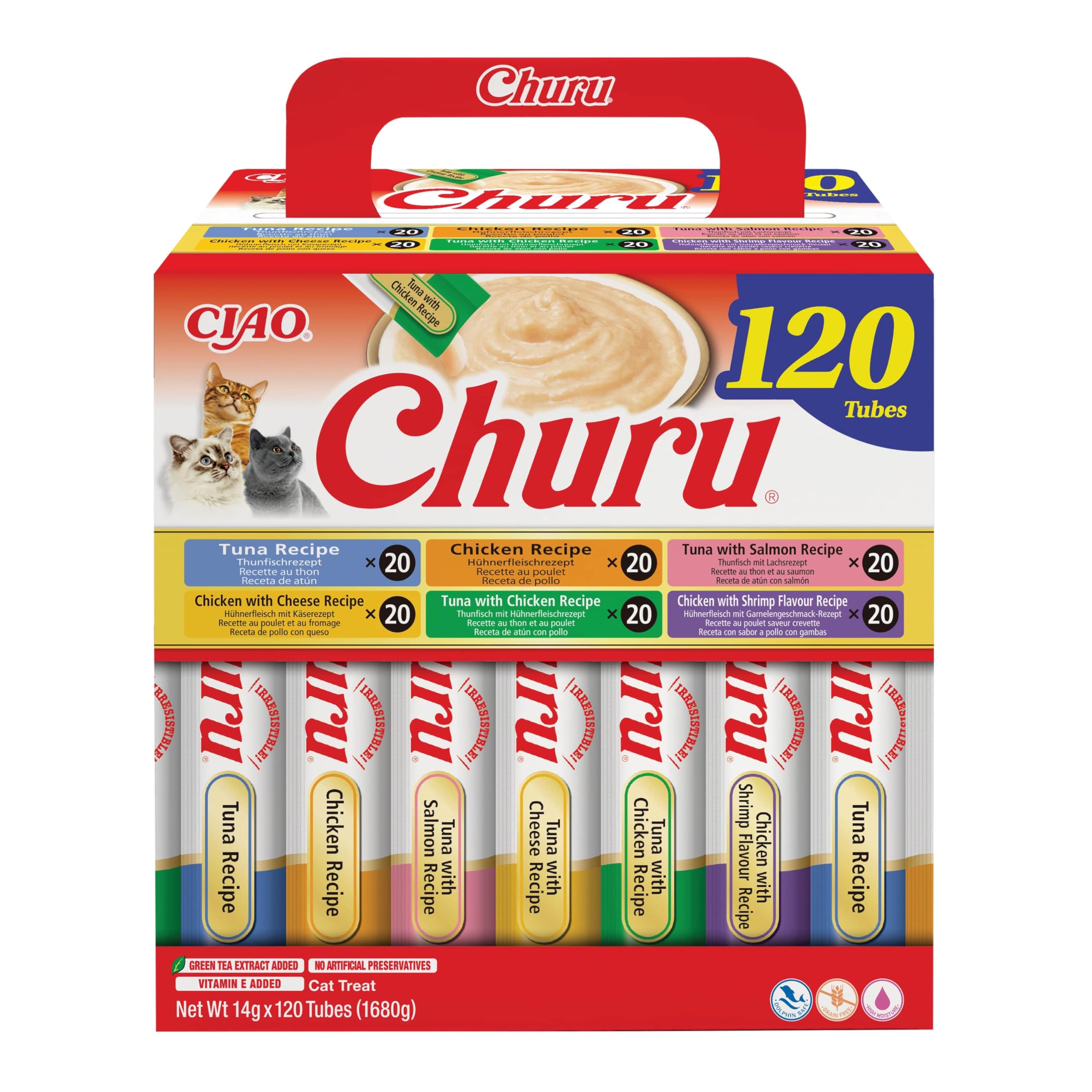 INABA Churu Friandises pour Chats à Base d'ingrédients de Haute qualité, Riches en humidité et en protéines, Faibles en Calories, sans céréales ni Sucre ajouté 120 x 14g