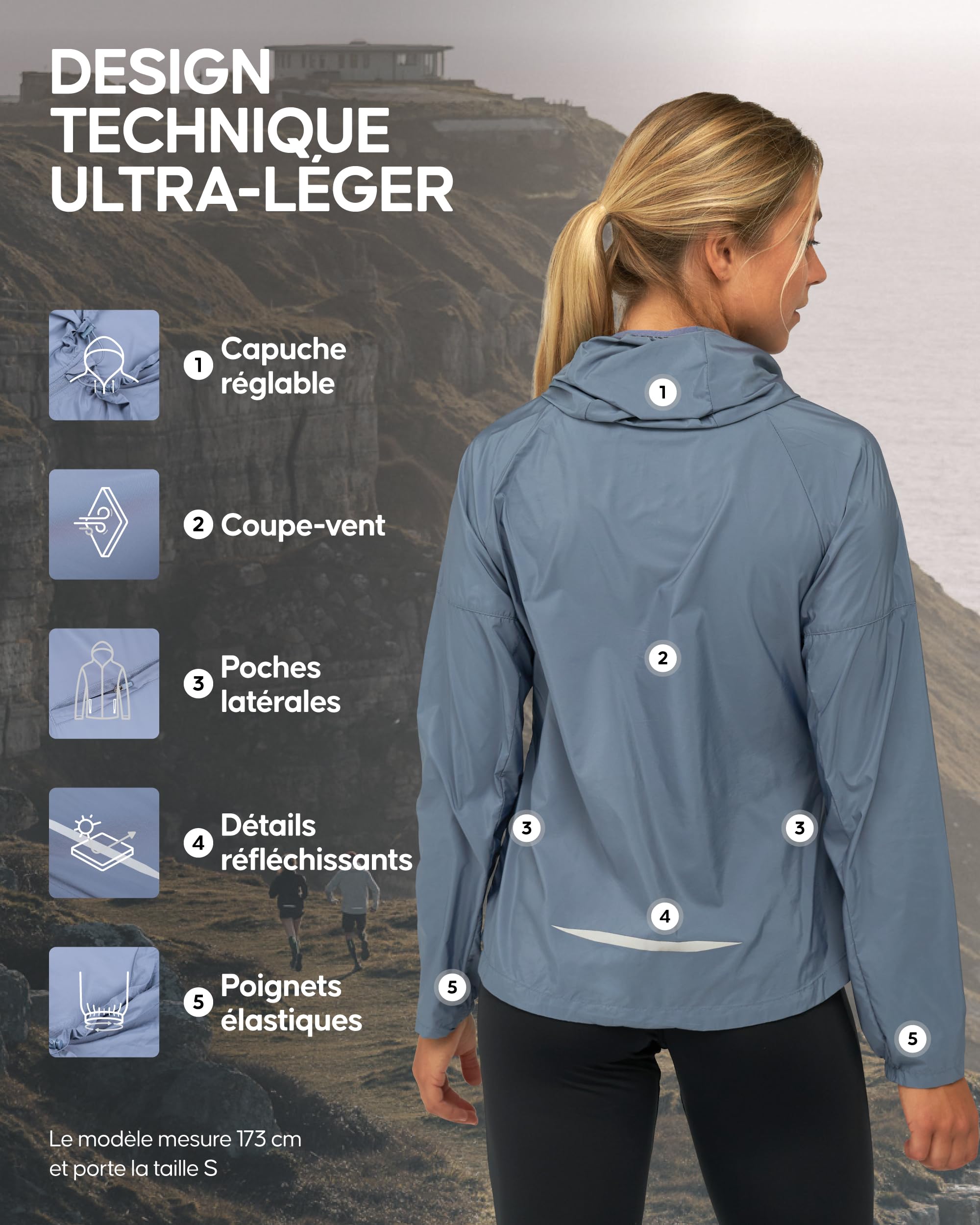 DANISH ENDURANCE Veste de Running Réfléchissante pour Femme,Capuche Ajustable, Bleu, XL
