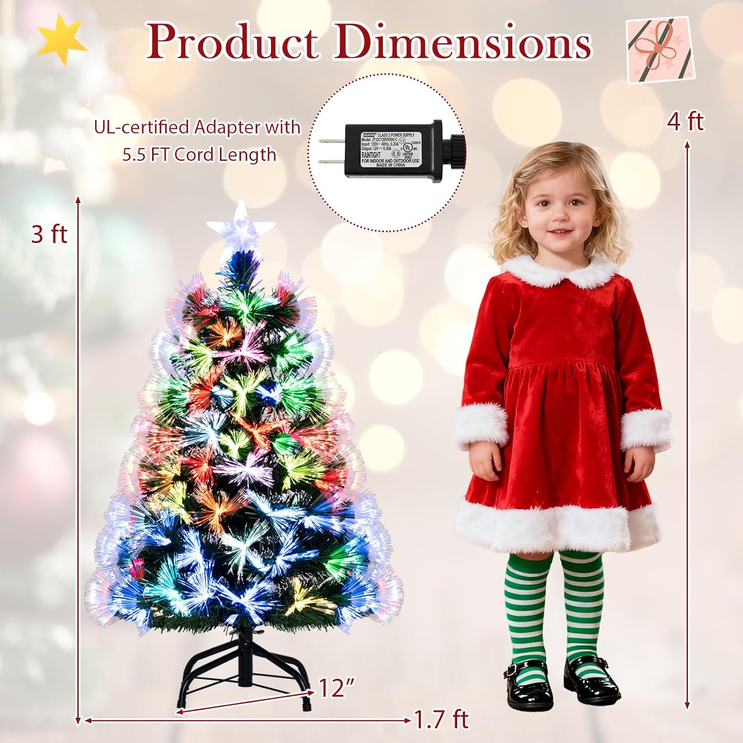 Goplus 3 FT Pre-Lit Fiber Optic Christmas Tree, Artificial Xmas Tree with Slow-Flashing Multicolored Optical Fibers, 96 PVC Branch Tips, Top Star, Foldable Metal Stand, Mini Home Office Decoration