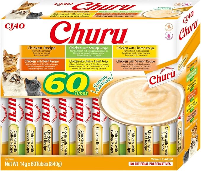 INABA Churu Gatos - 6 Recetas de Snacks Saludables a Base de Pollo -Deliciosos Premios con Textura Suave y Cremosa - Natural, Sin Cereales, Sin Conservantes, Sin Colorantes - 840g (60x14g)