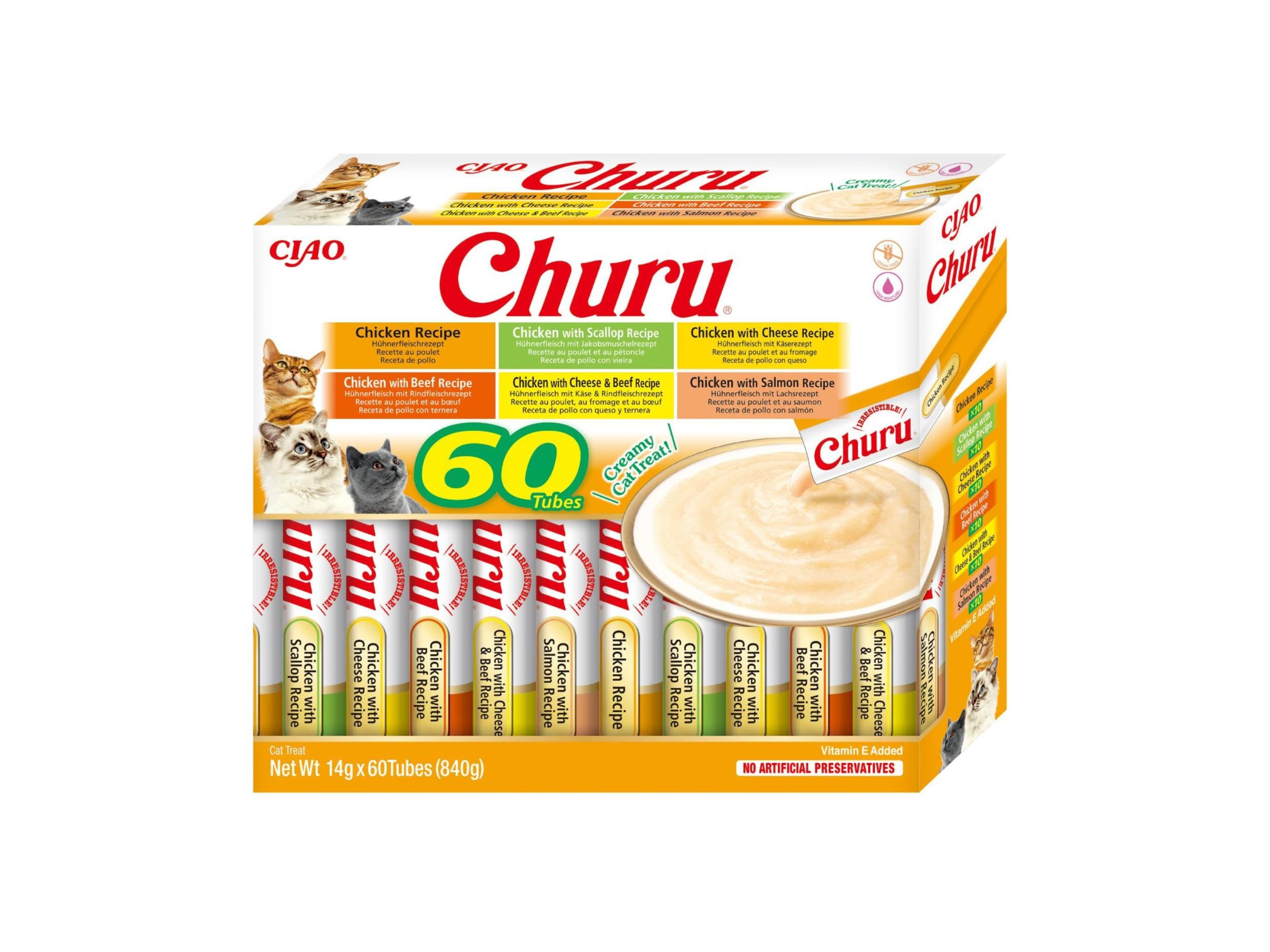 INABA Churu Premium Katzen Schleckies Einzelzutat mit Huhn, Getreidefrei, Zuckerfrei, Kalorienarm, besten Katzen Leckerlies für den Tierarzt, Keine Nebenerzeugnisse, Creamy Cat Treats 60 x 14g