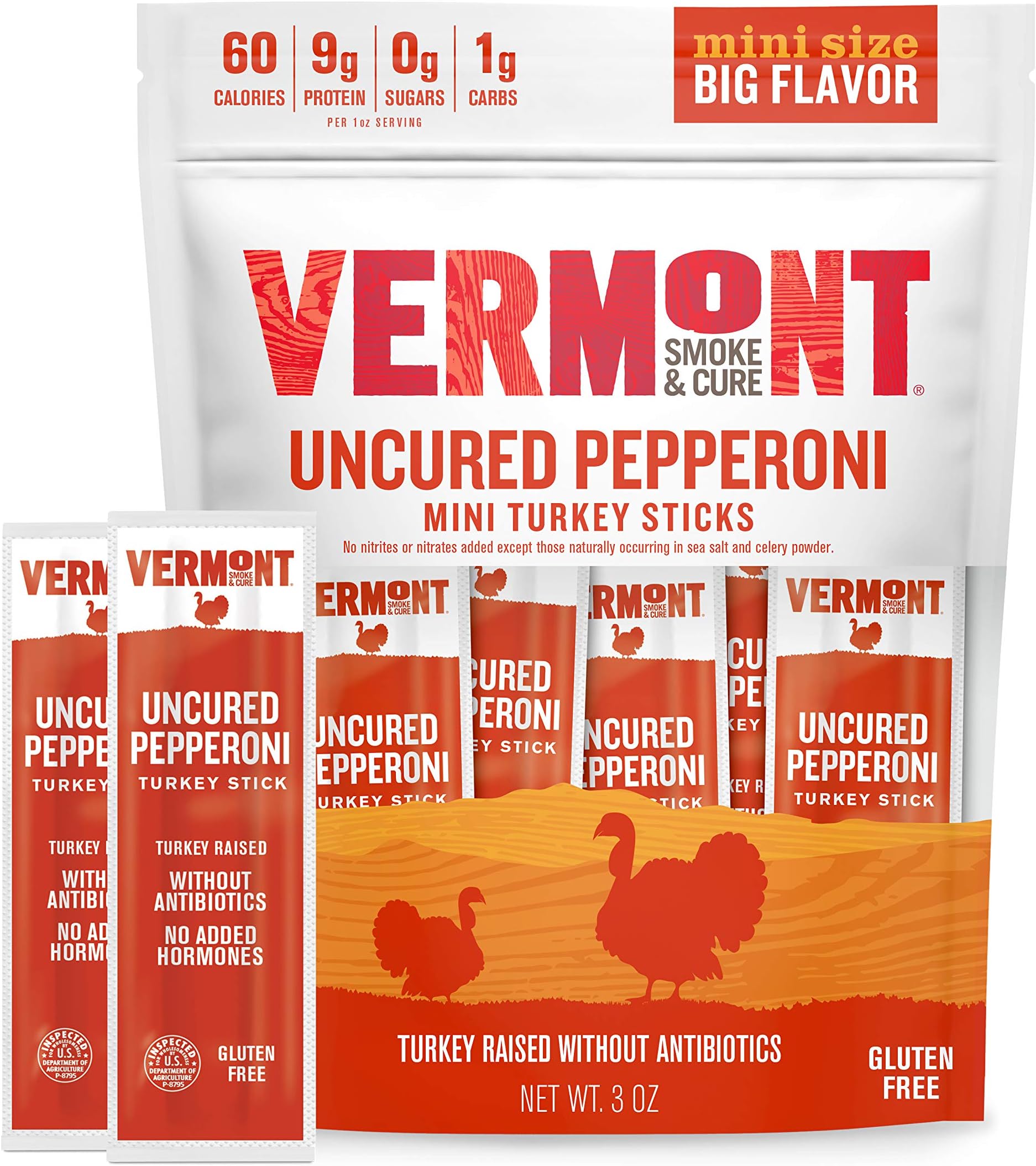 Vermont Smoke & Cure Mini Jerky Stick Go Pack, Turkey, Antibiotic Free, Gluten Free, Uncured Pepperoni, Great Keto Snack, High in Protein, Low Sugar, 0.5oz Meat Sticks, 3oz Pack