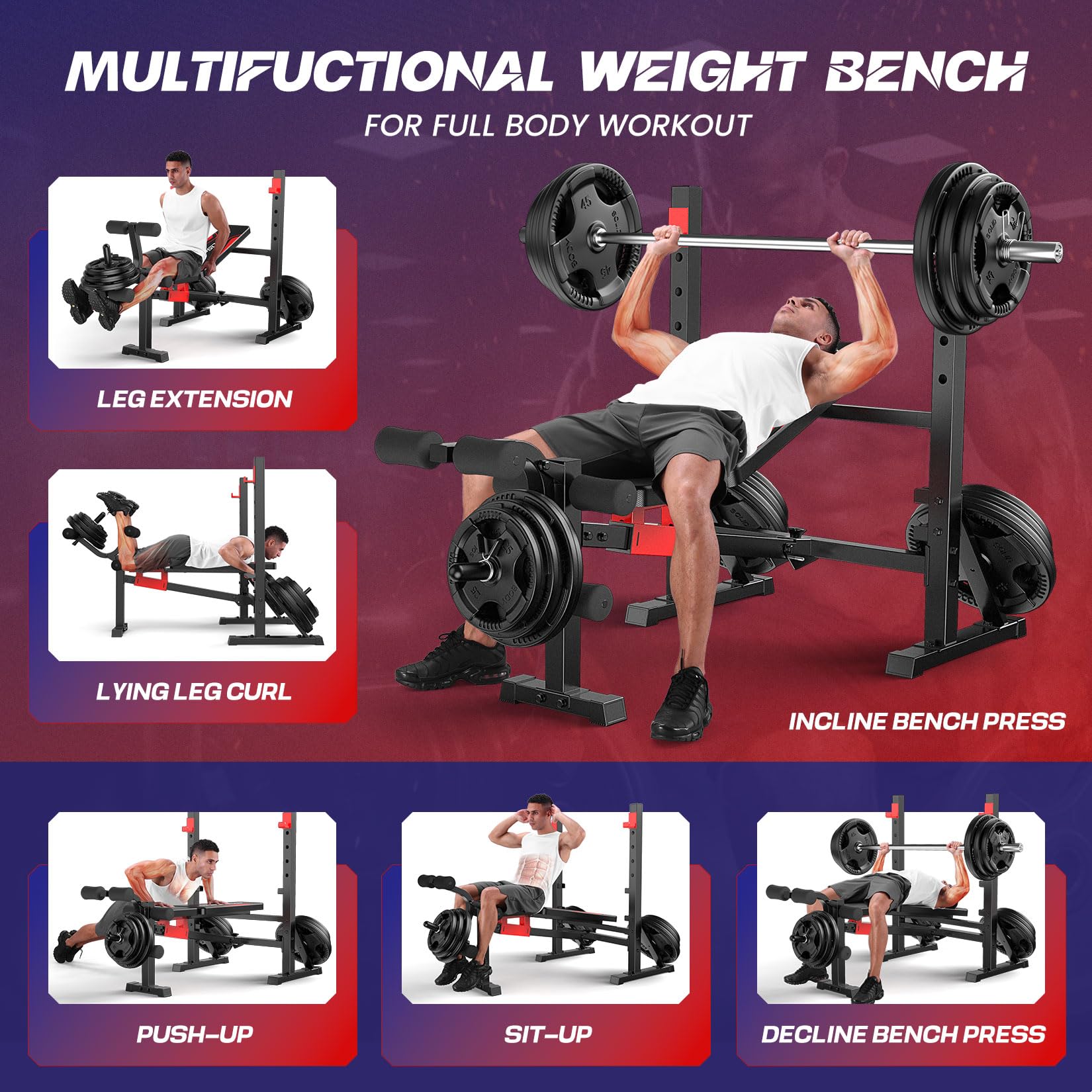 900 LBS Weight Bench Set with Squat Rack, Adjustable Bench Press Set with Leg Extension and Leg Curl, Foldable Flat/Incline/Decline Workout Bench for Home Gym