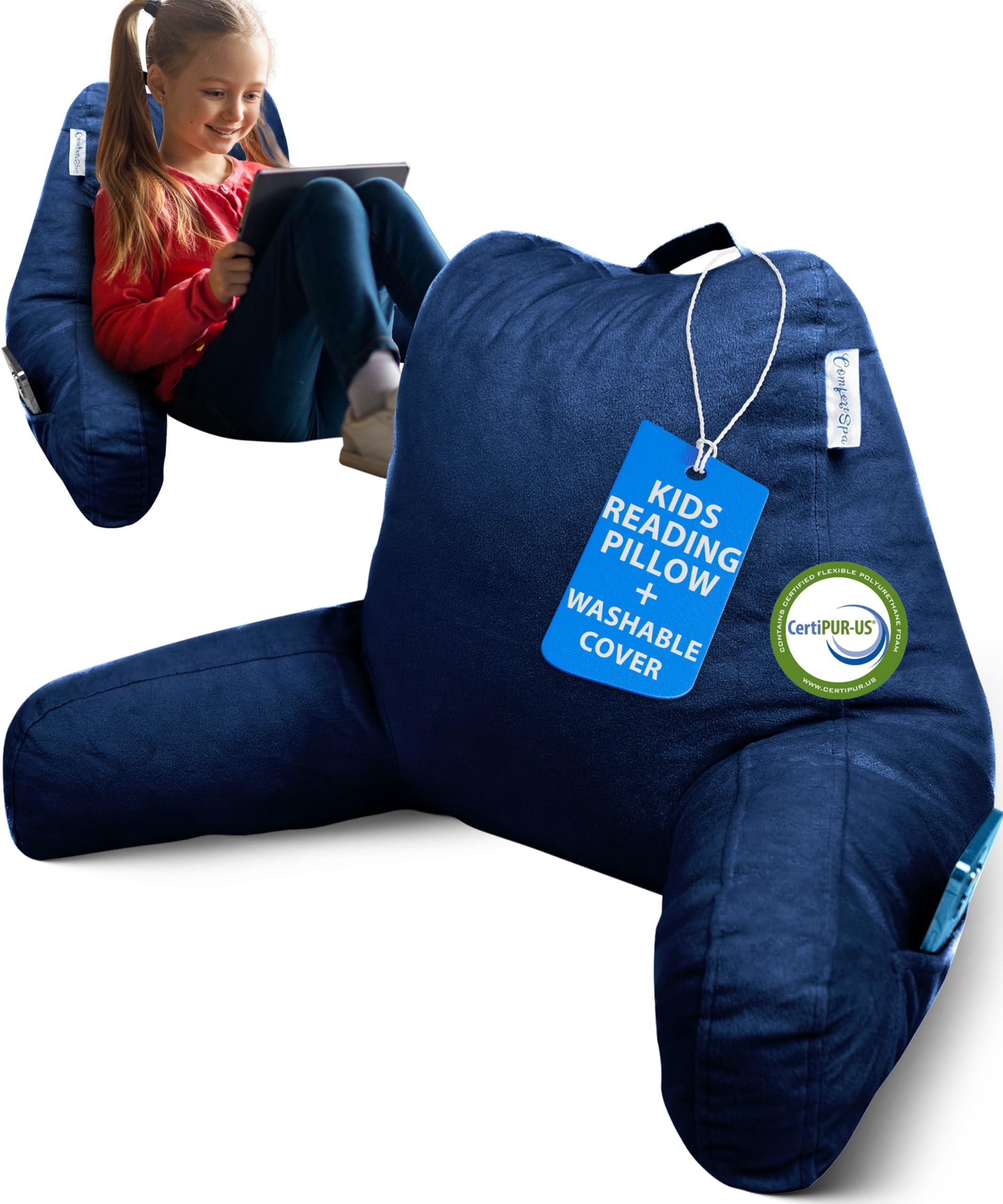 ComfortSpa Cuscino da lettura per letto adulto, cuscino per schienale con braccioli, tasche, federa lavabile; da utilizzare come cuscino per la schiena per sedersi a letto o per alleviare il bruciore
