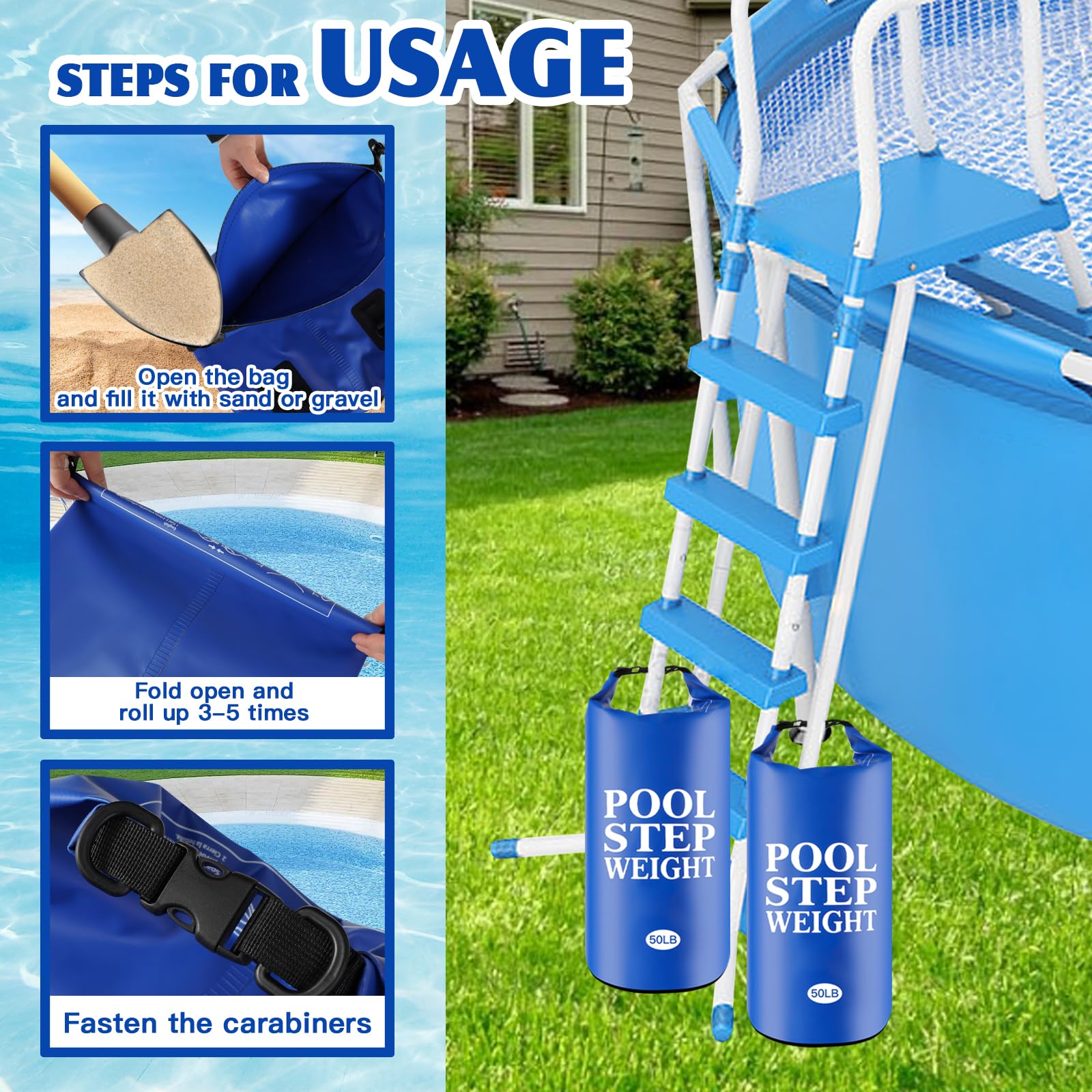 2 pesi blu per piscina, 22,7 kg, in PVC, impermeabili, per piscine, sacchi di sabbia, pieghevoli, per piscine interrate e fuori terra
