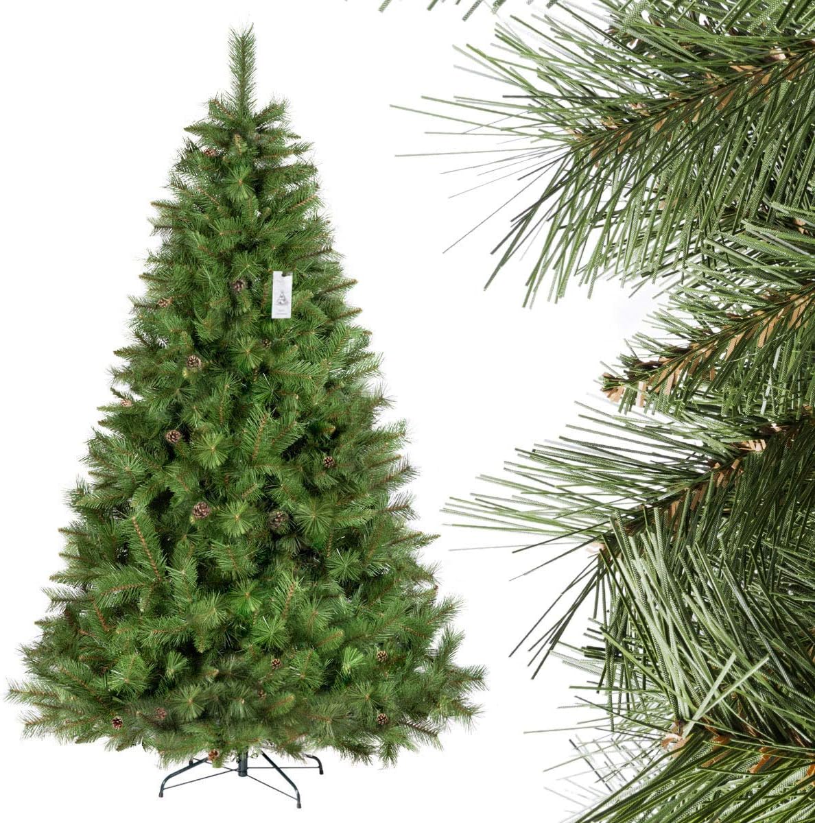 FairyTrees Christmas tree artificial SKANDINAVIAN FIR, PVC material, real cones, metal stand, 7.2ft / 220cm