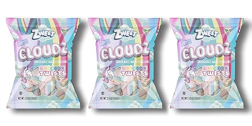 Zweet Cloudz Snackable Marshmallows Unicorn Twists - Sin grasa, sin gluten, Kosher, malvaviscos halal, 3.5 onzas (paquete de 3)