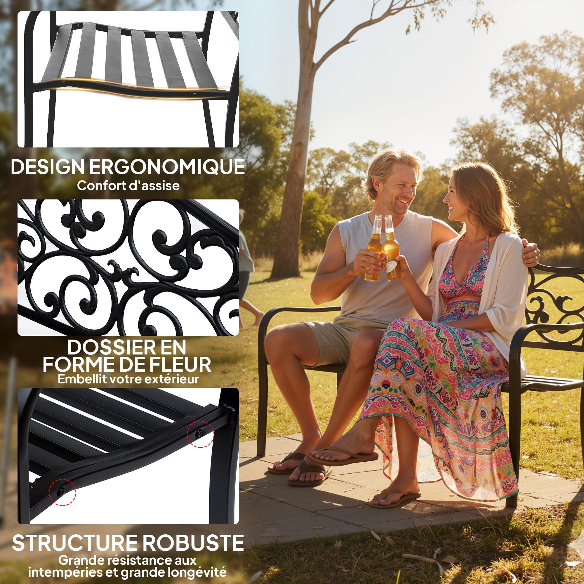 Outsunny Banc de Jardin 3 Places terrasse Style Cosy Chic 127L x 60l x 85H cm métal époxy anticorrosion Noir