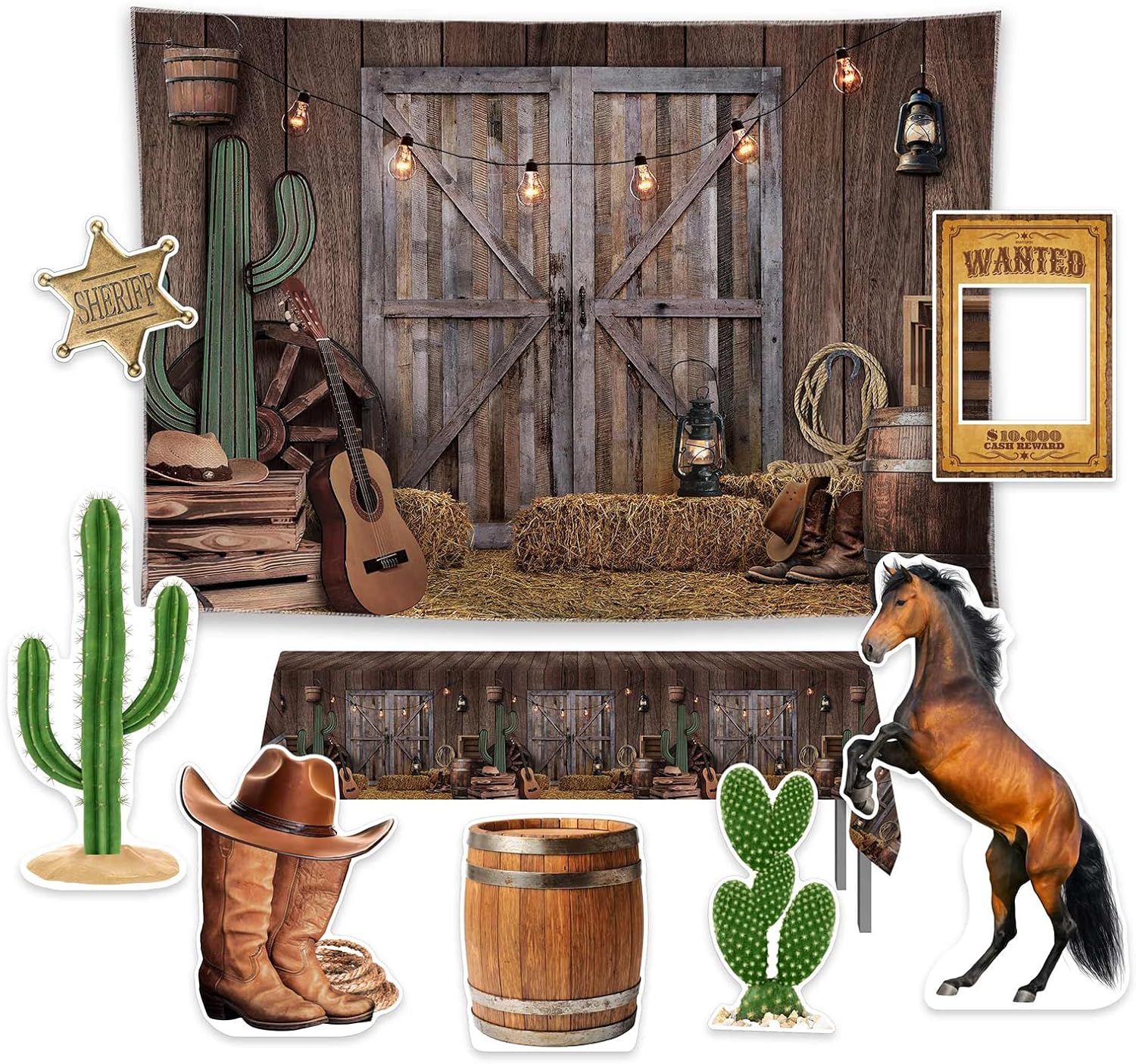 Allenjoy Western Cowboy Theme Birthday Party Supplies Decorations Backdrop for Boy 1st Rodeo Banner Photo Shoot Booth Props Photography Background,7pcs Foam Board Cutouts,1pc Tablecloth,1pc Backdrop