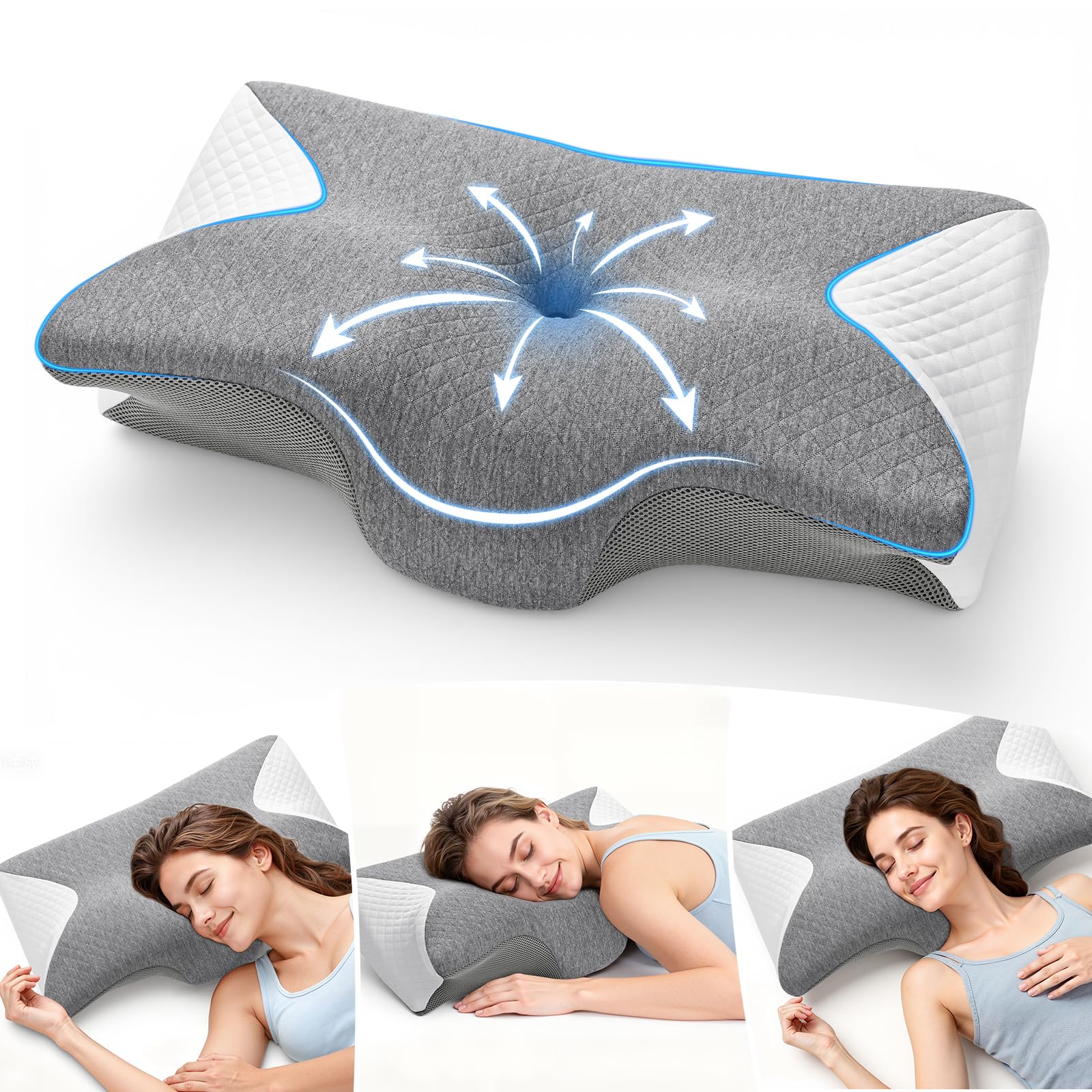 A-Pce Cuscino Cervicale, 2 in 1 Cuscini Laterali Schiuma Memoria, Cuscino Ortopedico Ergonomico Supporto Collo, Allevia Dolori Cervicali e Dorsali, Adatto a Fianco/Schiena/Stomaco, Grigio Bianco