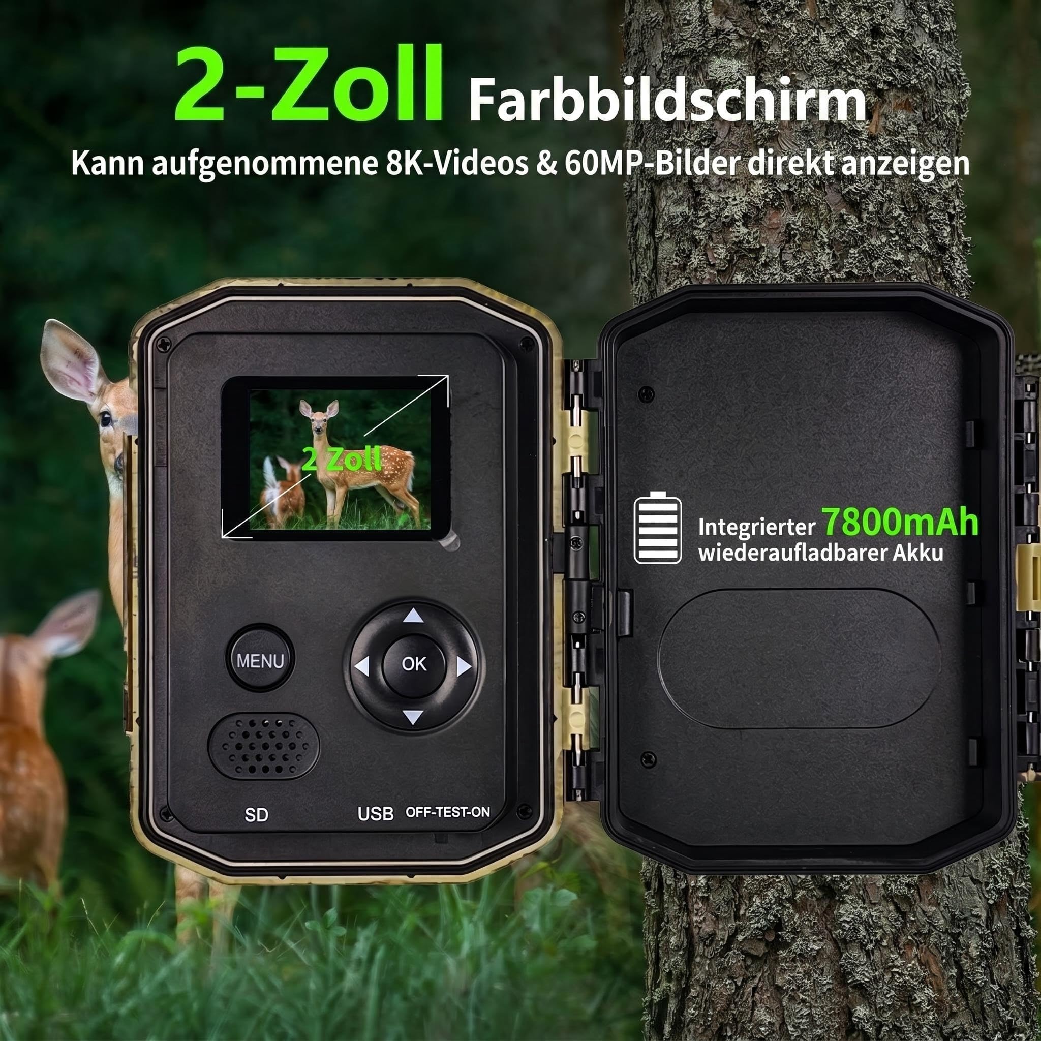 8KB Wildkamera mit WLAN & App Handyübertragung, 5K UHD 64MP Wildtierkamera, Eingebauter 7800mAh Akku wiederaufladbar + Solarpanel, 64GB SD-Karte, Infrarot-Nachtsicht, Bewegungsmelder, IP66 wasserdicht