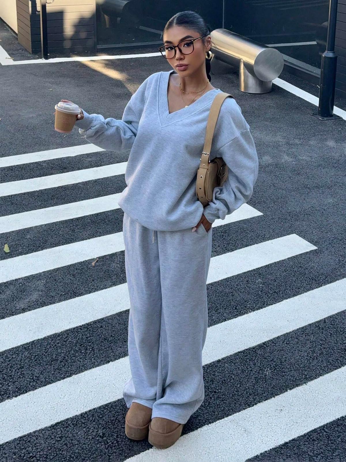 Conjunto de 2 piezas para mujer, sudadera de manga larga, pantalones de pierna ancha con bolsillos, chándal y ropa de descanso — view 5