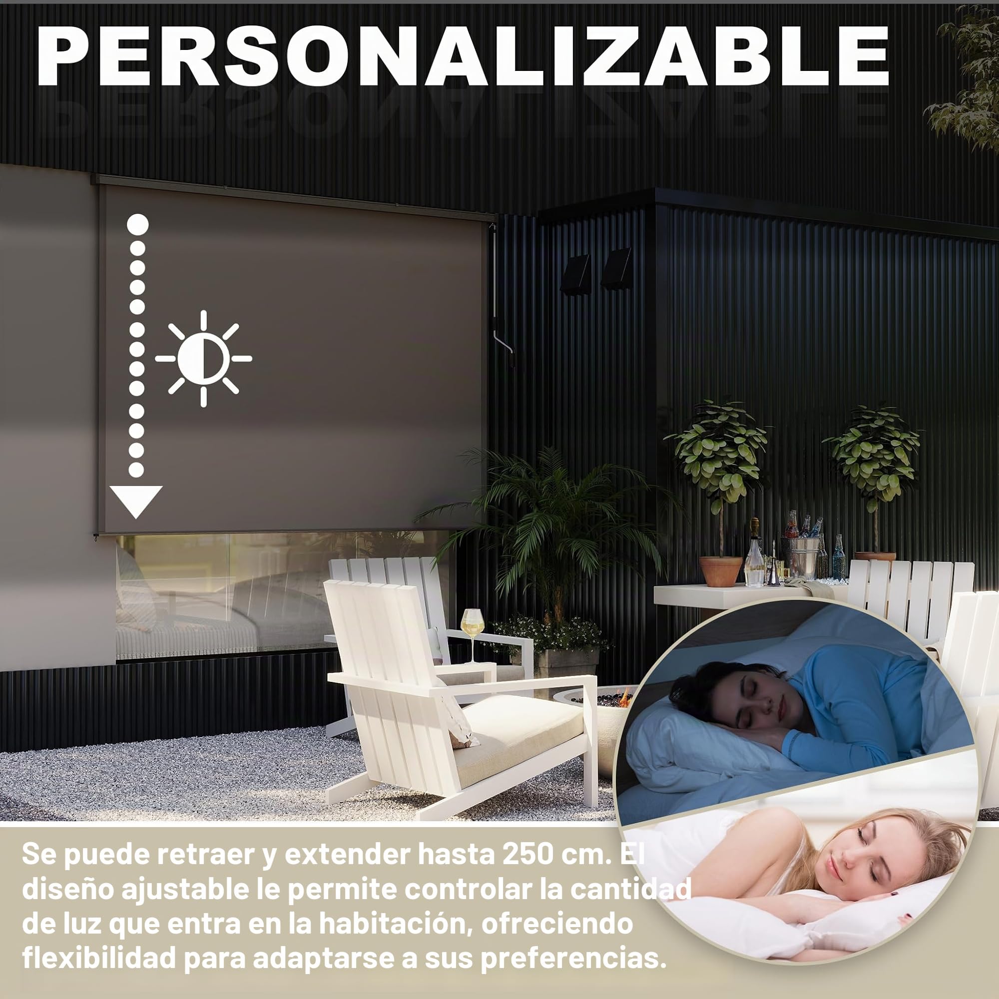 FIVMEN Toldo vertical exterior de 160 x 250 cm, resistente a la intemperie, protección solar con manivela, estor de protección solar para balcón, 160 cm de ancho, protección visual para balcón