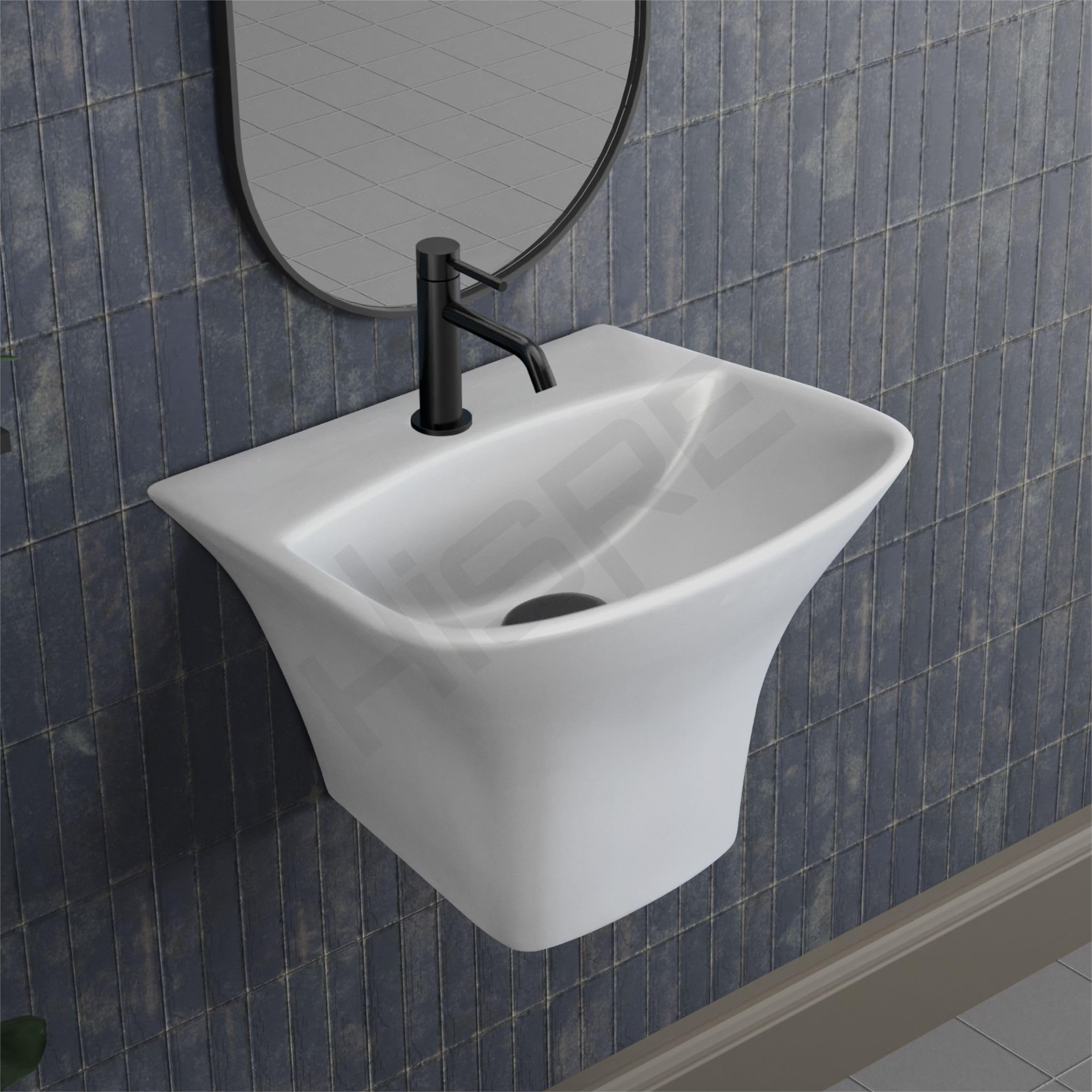Hisre Modern Wall-Mounted Matte Ceramic Wash Basin with Curved Rectangular Design | Space-Saving Floating Bathroom Sink for Contemporary Interiors (White Matt), photo 1 of 5