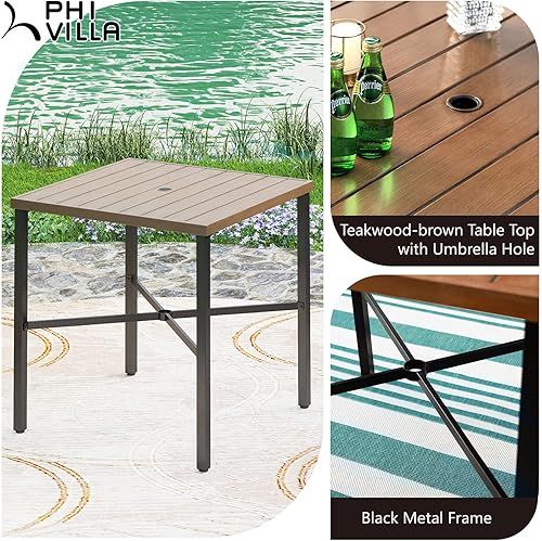 Miniatura 4 de PHI VILLA Mesa de metal para exteriores de 36 x 36 pulgadas con agujero para sombrilla de 1.57 pulgadas, mesa cuadrada con tablero de madera de teca