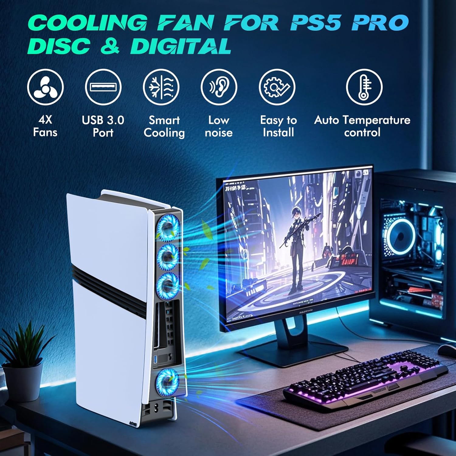 Ps5 Pro 4 Cooling Fans,Ps5 Pro Accessories Fans with USB 3.0,Efficient Quiet Cooler Fan with Adjustable Speed,Cooling Fan for PlayStation5 Pro Temperature-Controlled - Image 2