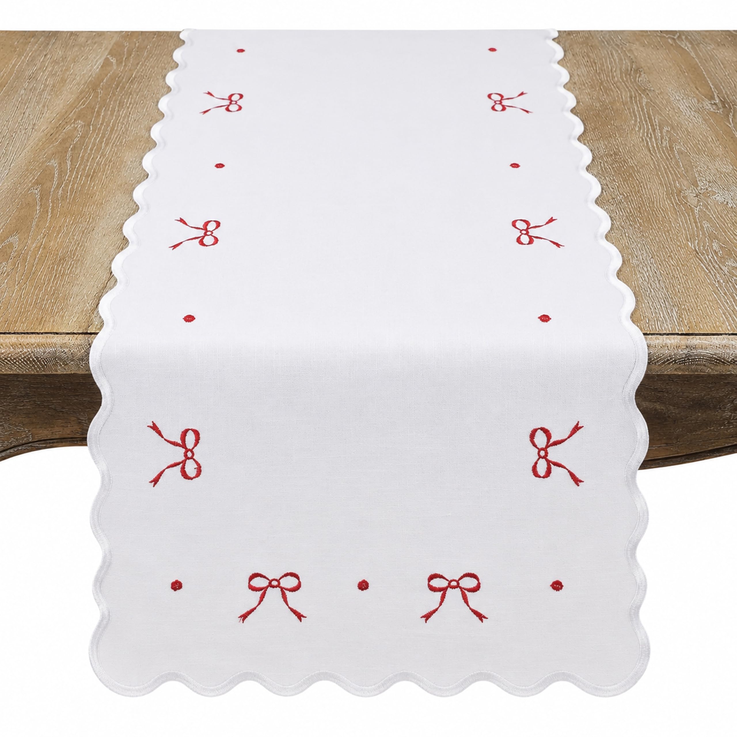 SARO LIFESTYLE Embroidered Bow Table Runner - Holiday Table Runner with Scalloped Edge and Ribbon Bow Embroidery for Christmas Dining Tables and Festive Entertaining, 16"x72", Red