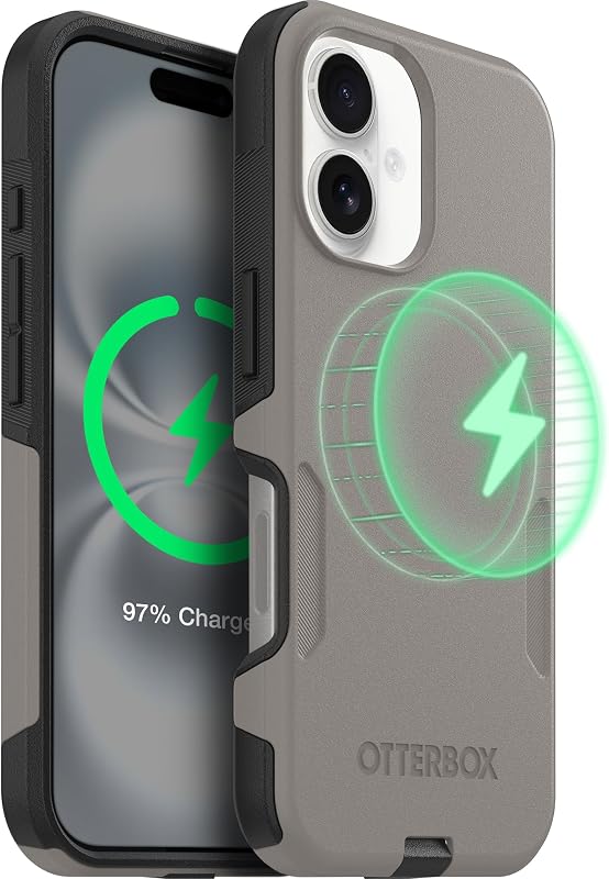 OtterBox iPhone 16 - Estuche MagSafe delgado Commuter Series - Gris Pompeya | Protección militar contra caídas 3X - Diseño de doble capa - Apto para bolsillos - Bordes elevados - Cubiertas de puertos