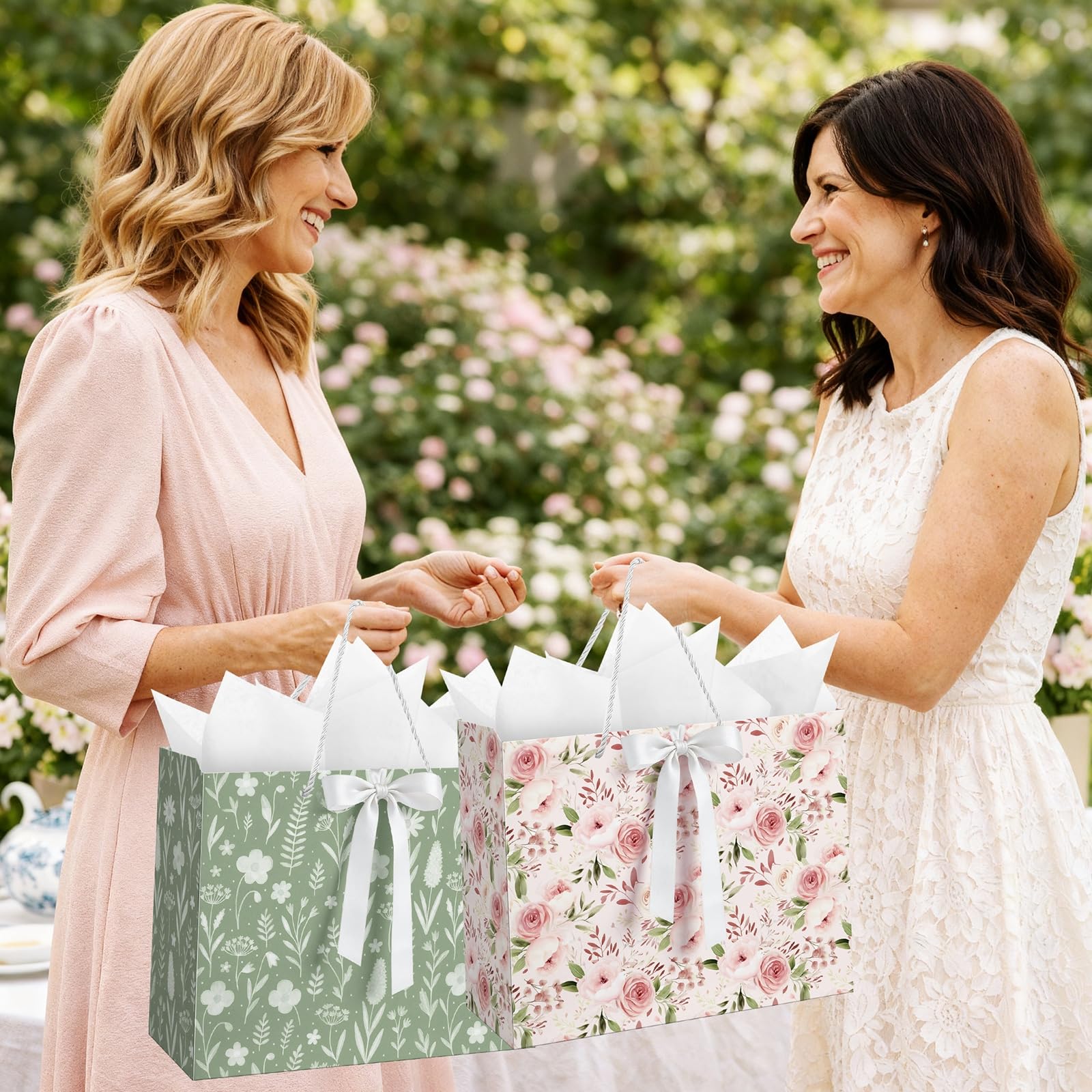 Silkfly 2 Pack Large Floral Gift Bags with Tissue Paper Ribbon Card & Envelope 13'' Flower Gift Bags for Woman Wedding Bridal Shower Baby Shower Birthday Spring Tea Party Flower Girl