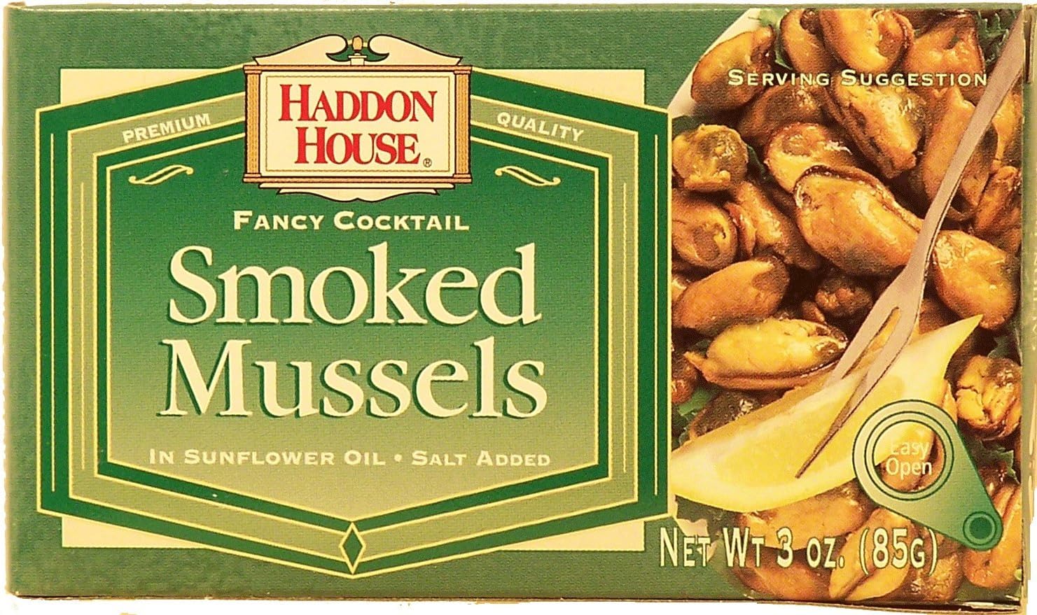 Haddon House fancy cocktail smoked mussels in sunflower oil, salt added, 3-oz. tin