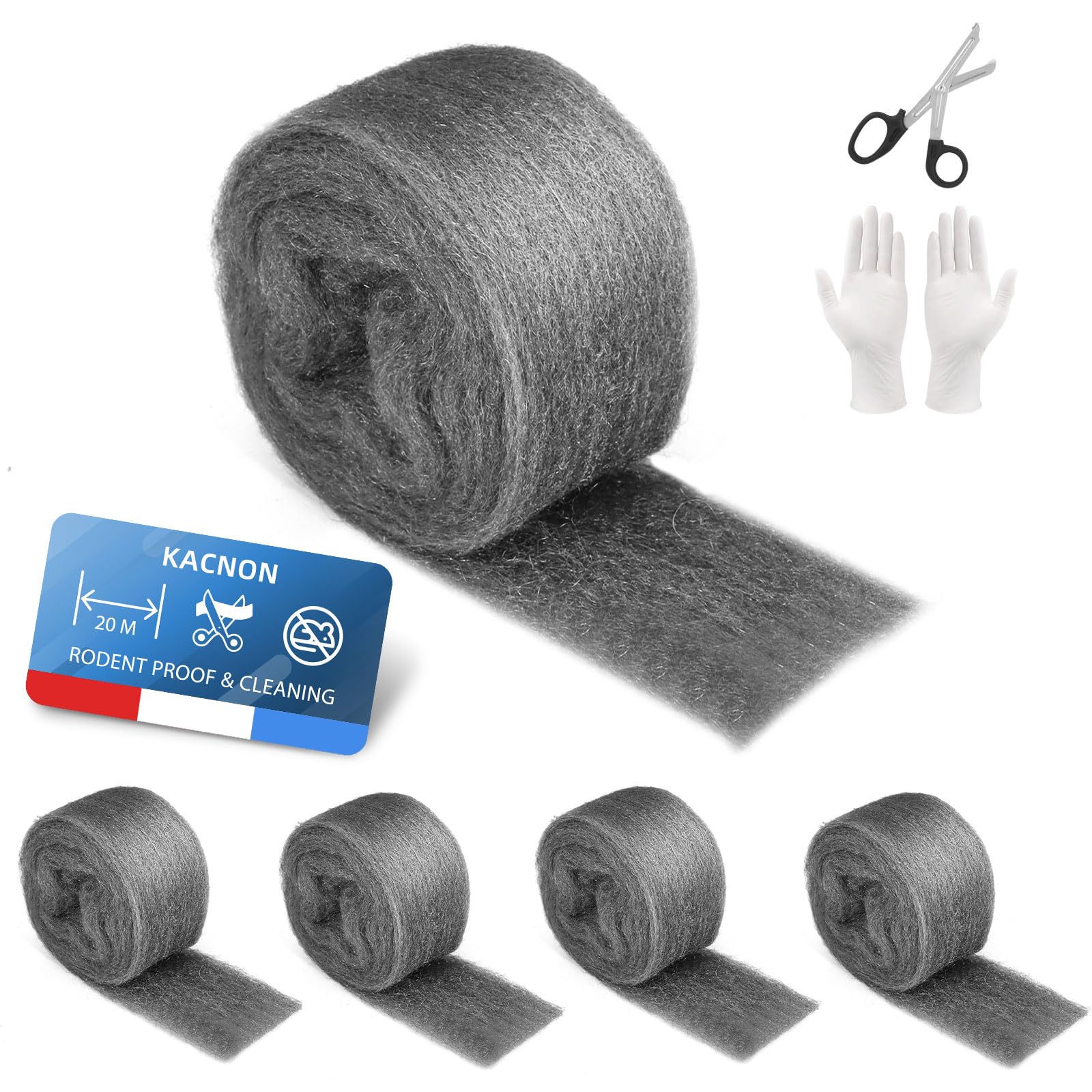 KACNON 1#/2#/00/000/0000 Steel Wool - 5 Rolls of 3.1" x13 Ft Steel Wool with Gloves & Scissors, Stainless Steel Wool, Fine Against Rodents for Holes