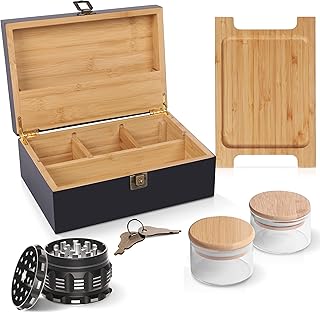 Arcaz Black Bamboo Decorative Storage Box Combo | All Accessories | High-Quality | Lockable | 2 x Airtight Storage Jars | ...